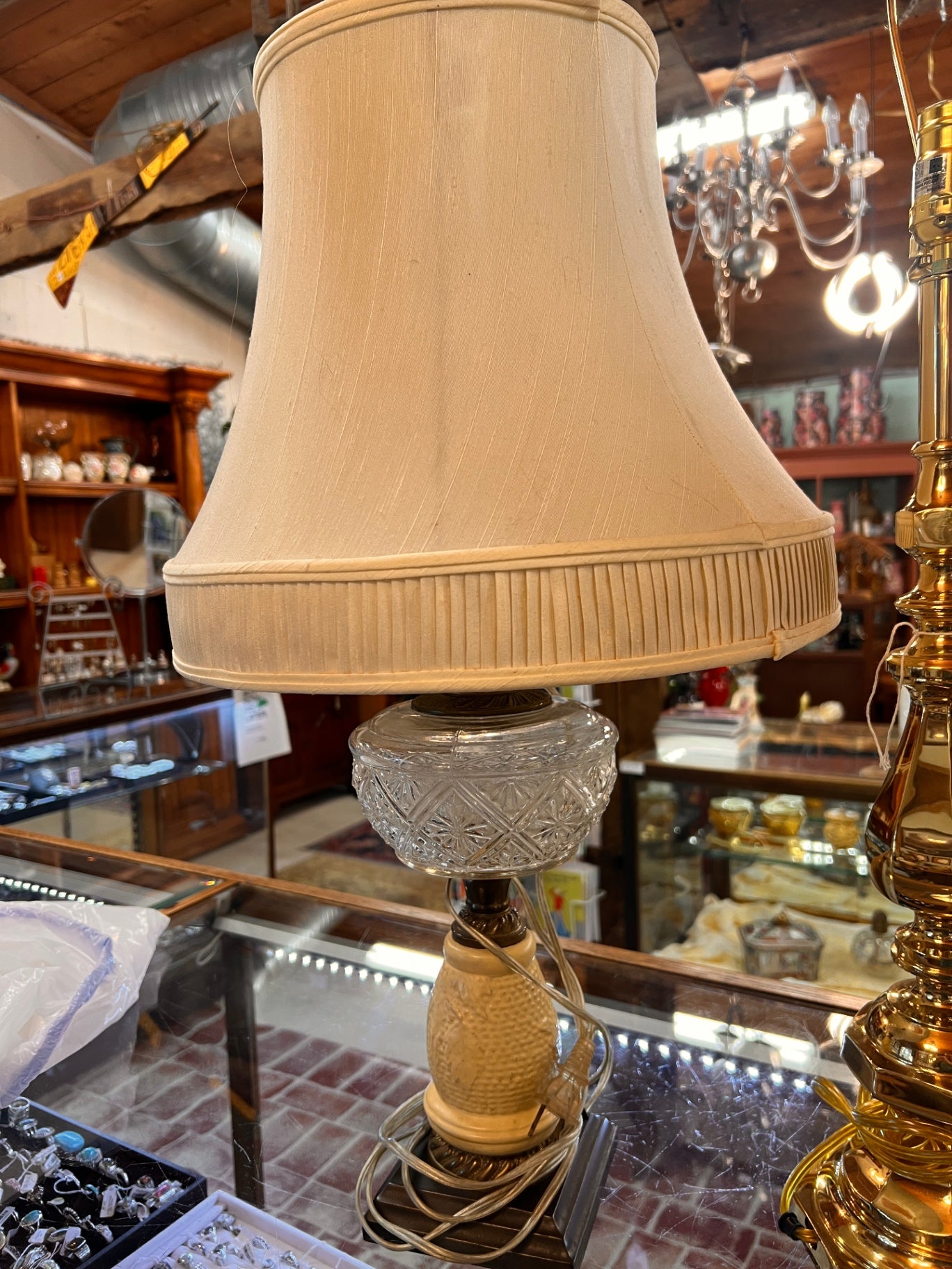 Vintage Cut Glass and Carved Resin Table Lamp with Fabric Shade