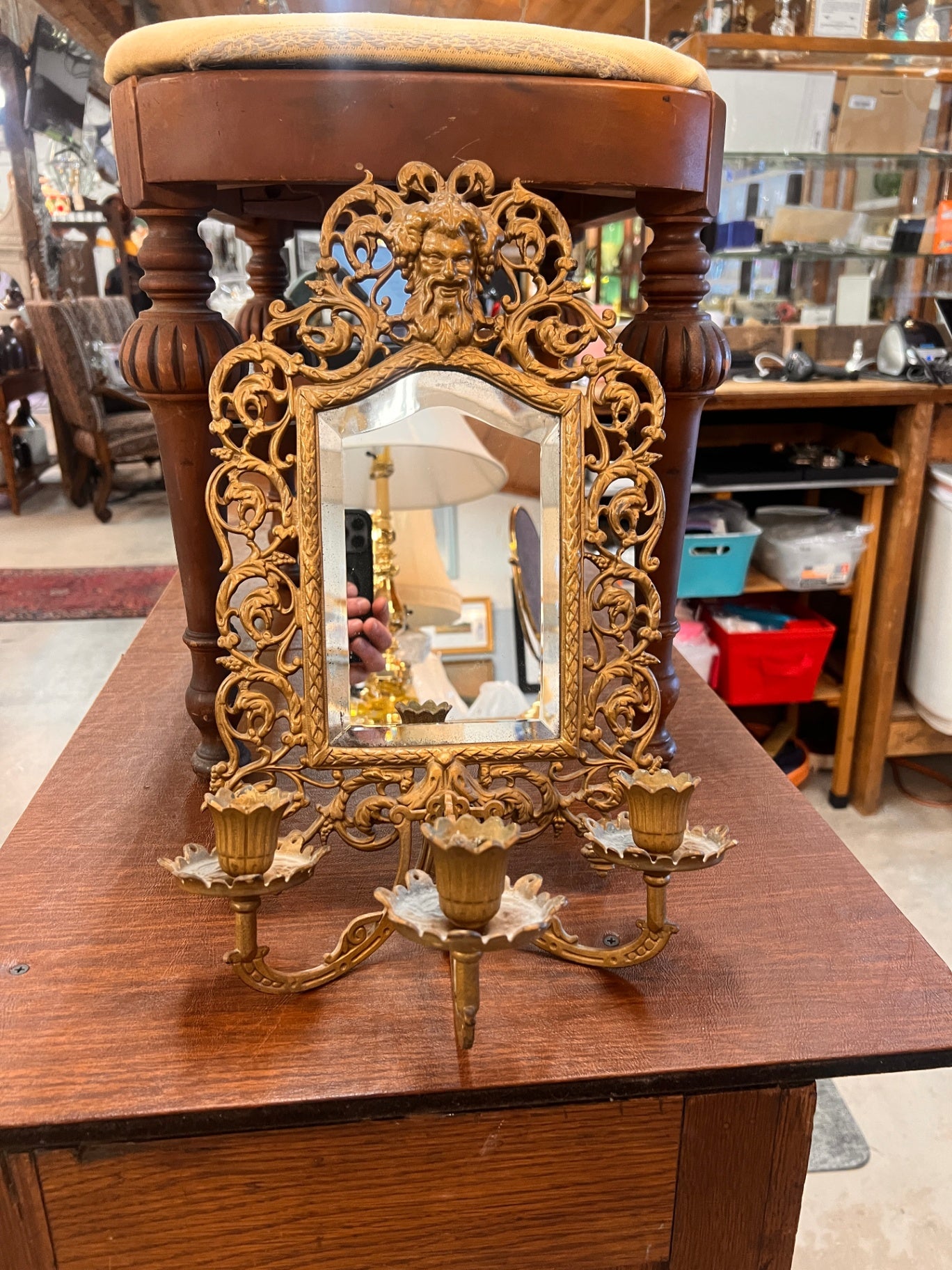 Antique Gilt Metal Wall Mirror Sconce with Pan Motif and Crystal Prisms