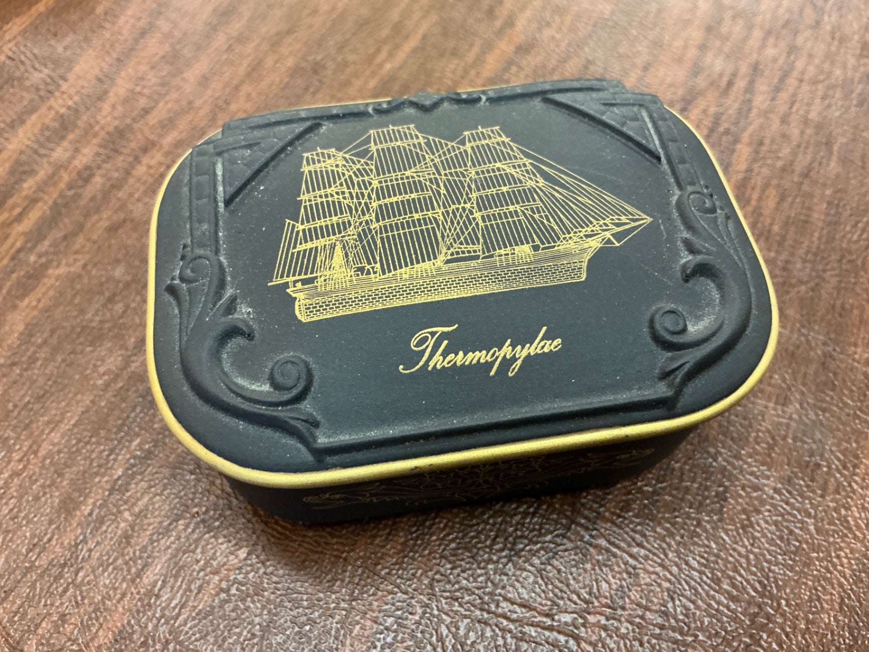 Vintage “Resolution” Ship Trinket Box – Black Enamel with Gold Gilded Detail