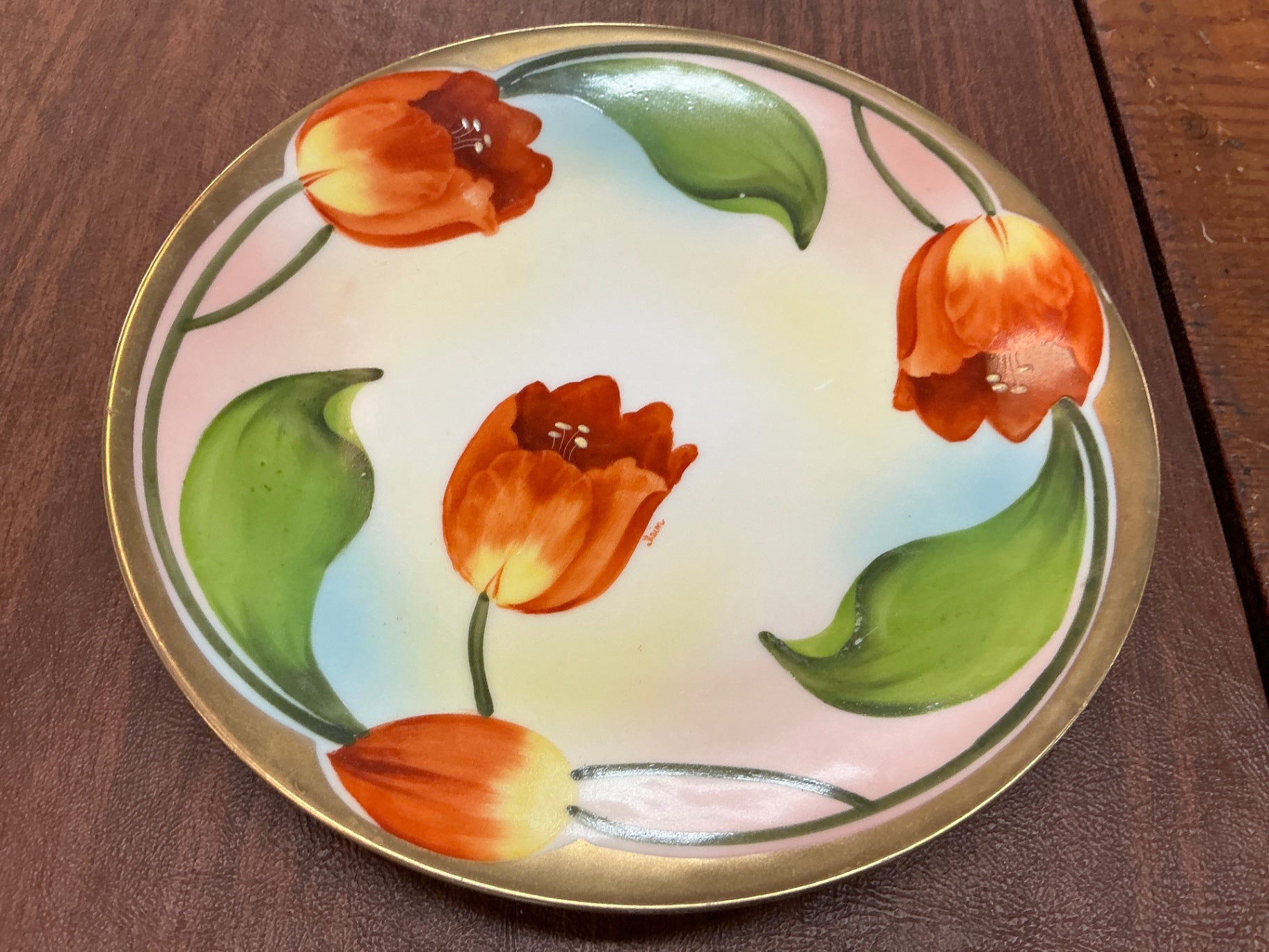 Royal Rudolstadt Prussia Hand-Painted Tulip Art Plate – Early 1900s Porcelain with Gilt Rim