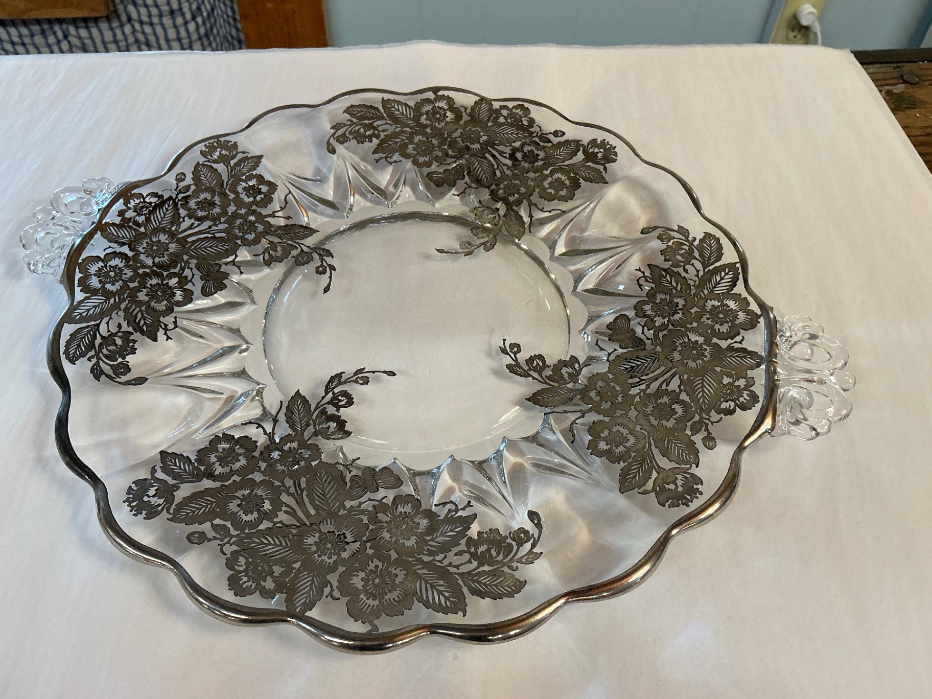 Vintage Silver-Overlay Glass Sandwich Tray with Double Handles – Floral Bouquet Pattern, c.1940s–1950s