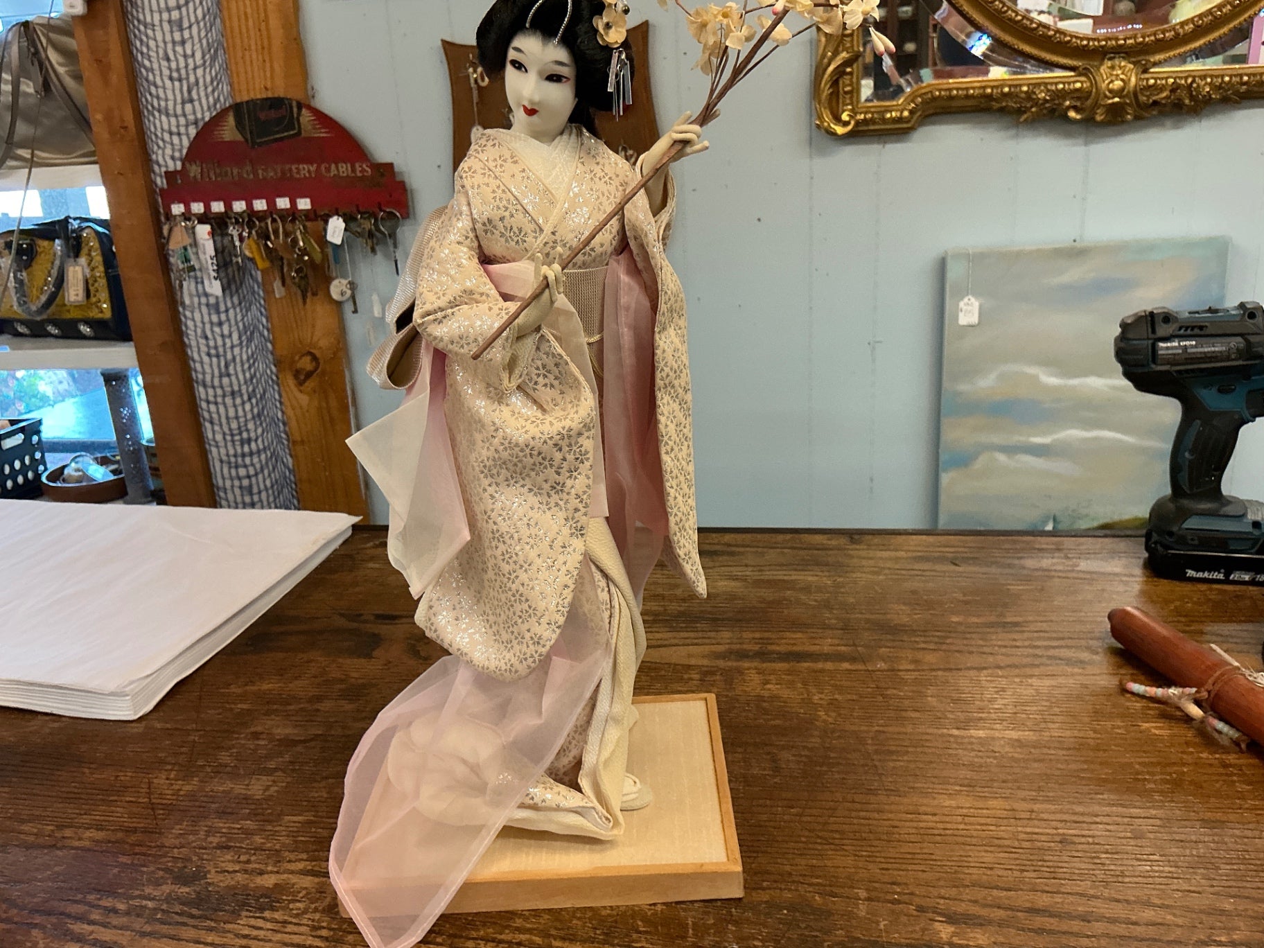 Vintage Japanese Geisha Doll in Silk Kimono on Wooden Base – Handcrafted Display Figure, c.1960s–1980s