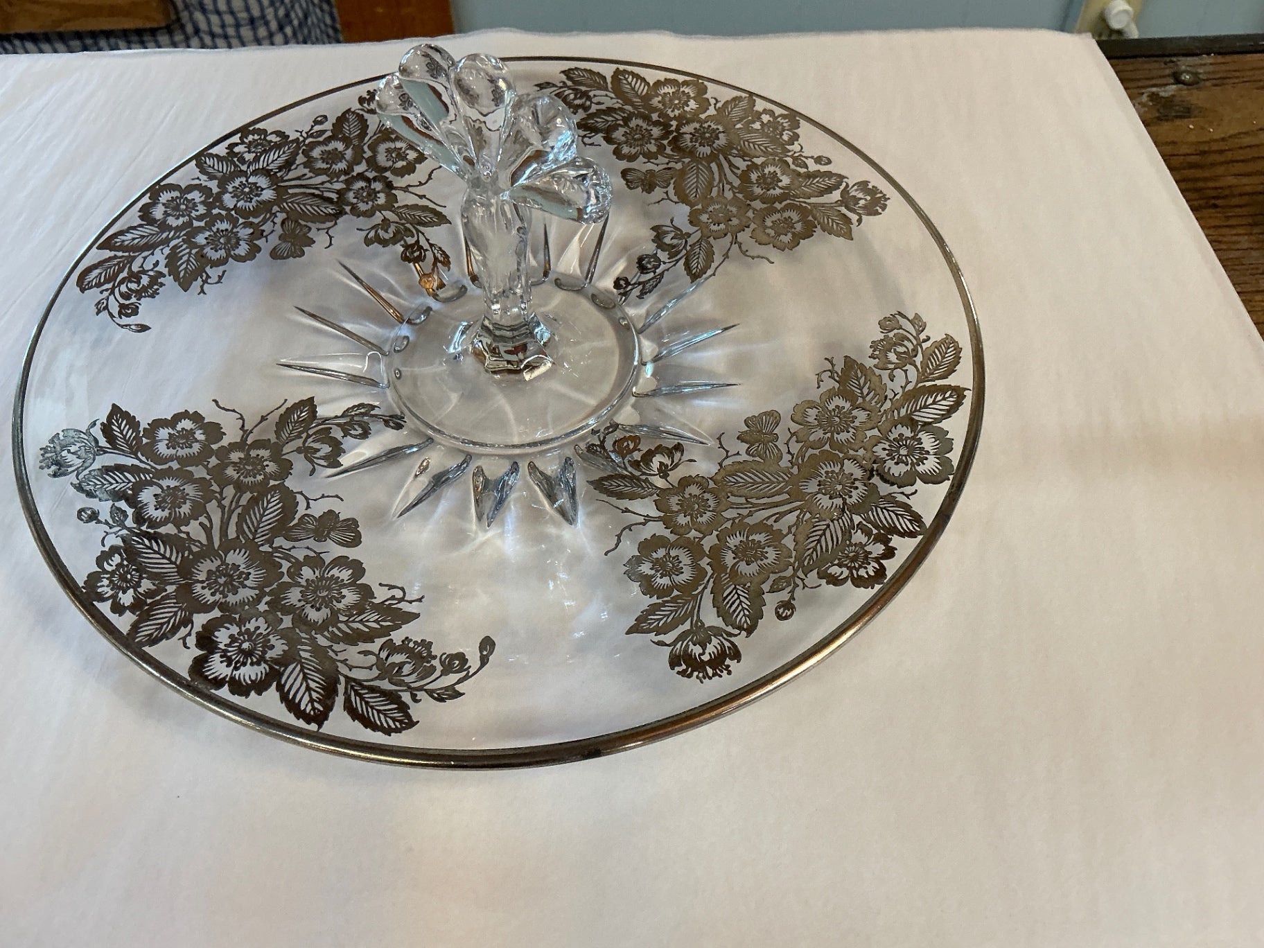 Vintage Silver-Overlay Glass Tidbit Tray with Floral Bouquet Pattern – c.1940s–1950s