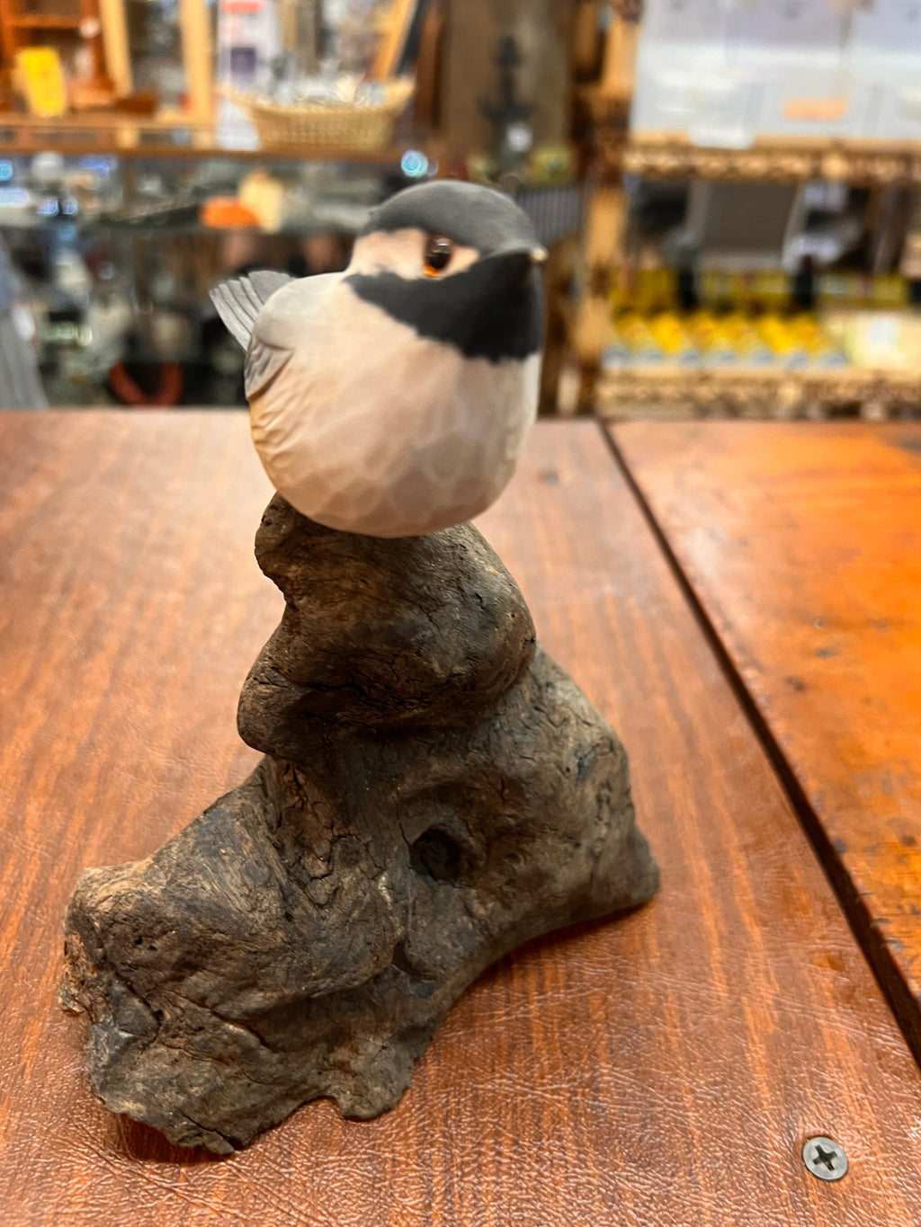 Hand-Carved Chickadee Bird Sculpture on Natural Burl Base – Signed North Carolina Folk Art (1993)