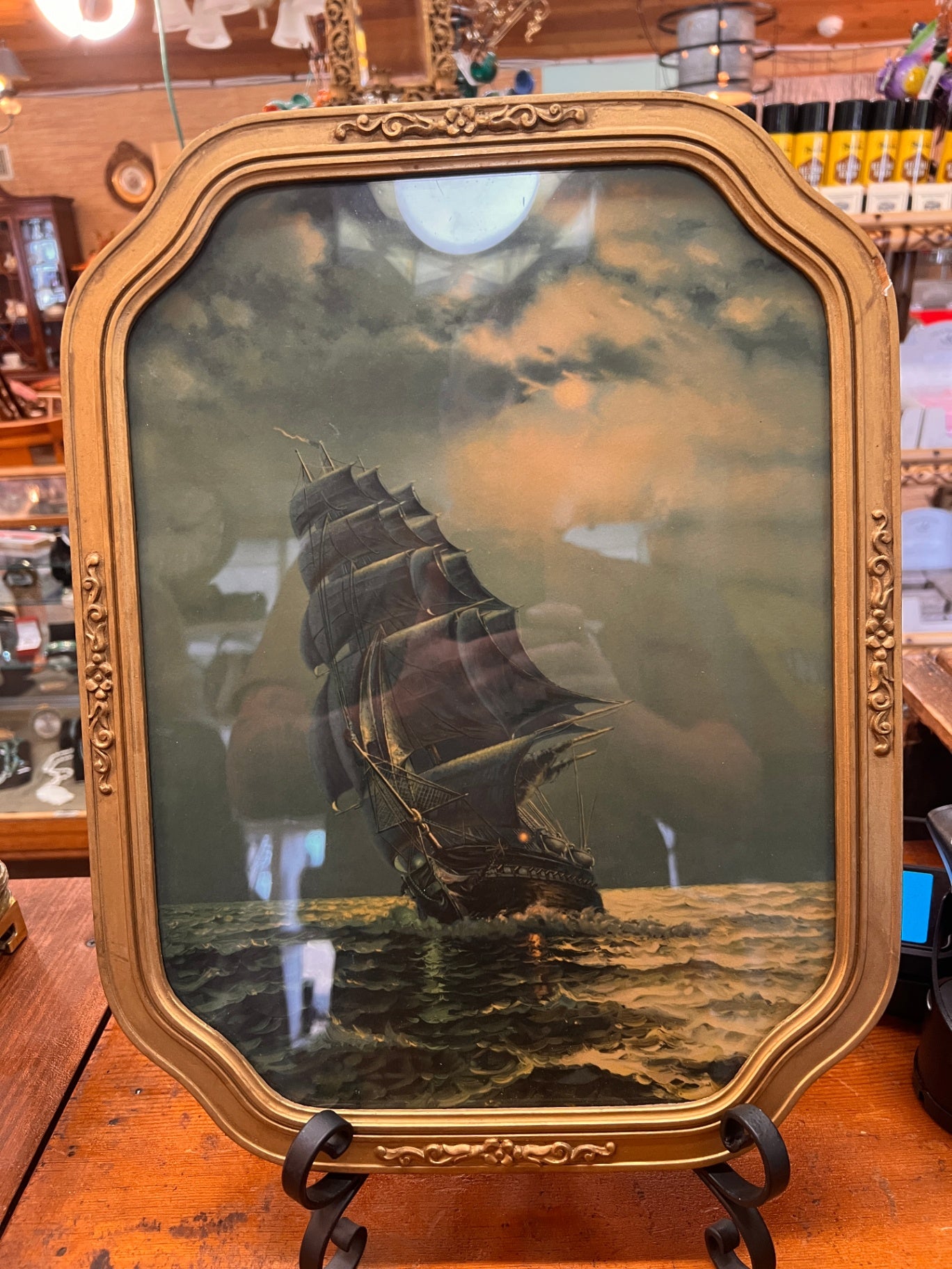 Vintage Framed Nautical Print – Moonlit Tall Ship at Sea, Early–Mid 20th Century