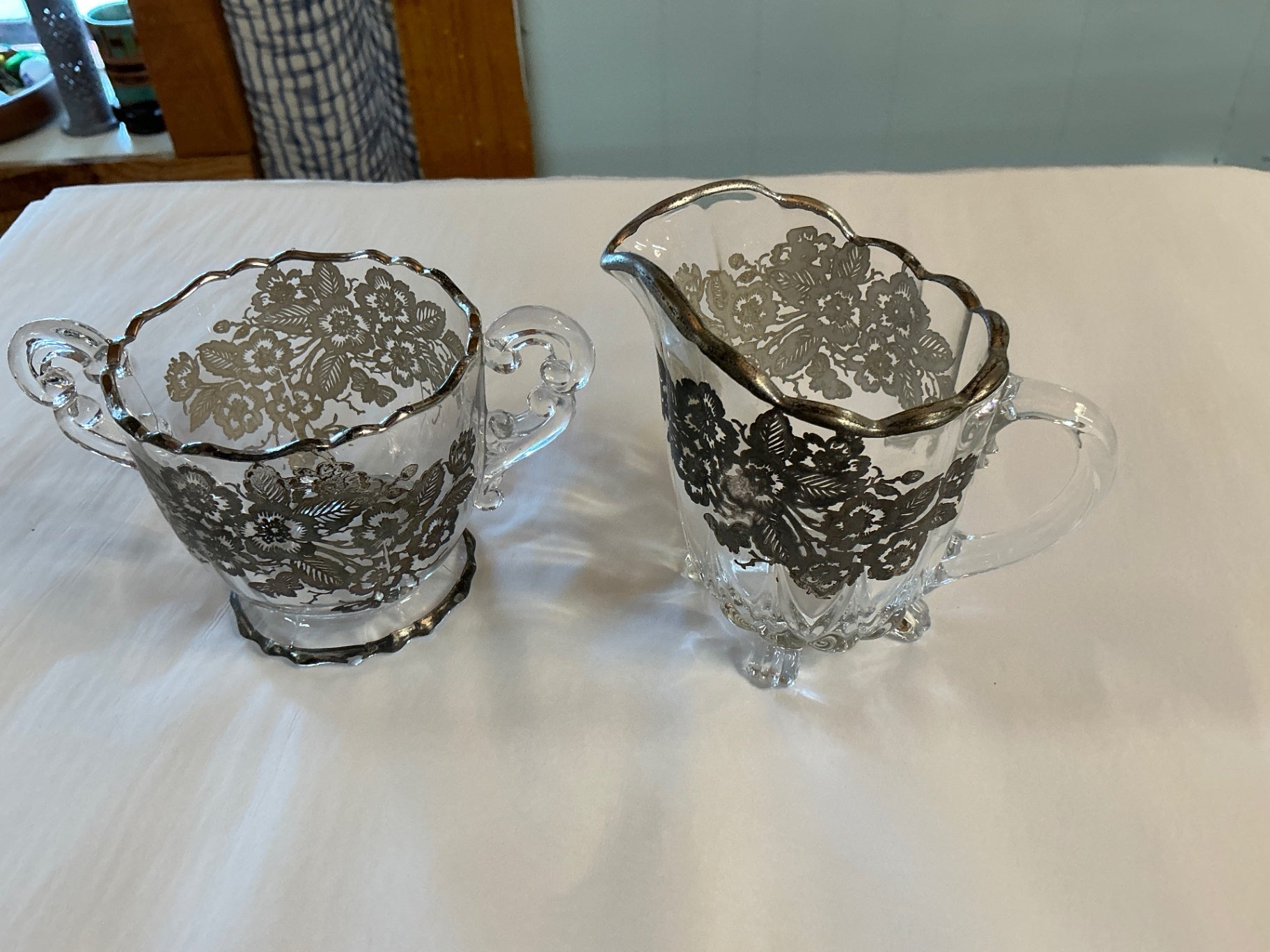Vintage Silver-Overlay Creamer & Sugar Set – Floral Bouquet Pattern, c.1940s–1950s
