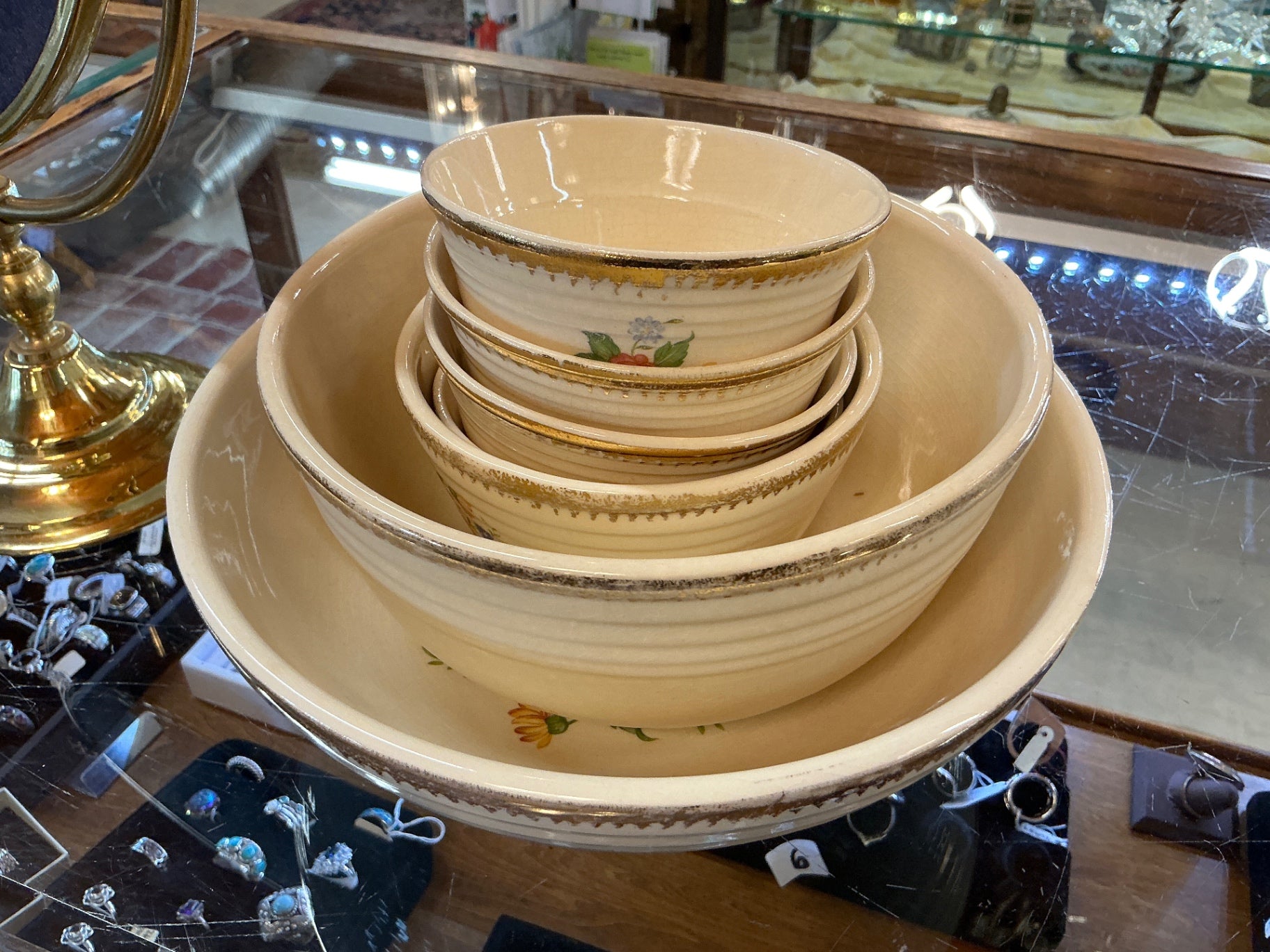 Vintage 5-Piece Nested Mixing Bowl Set – Hand-Painted Floral, Stoneware, c.1930s–1950s