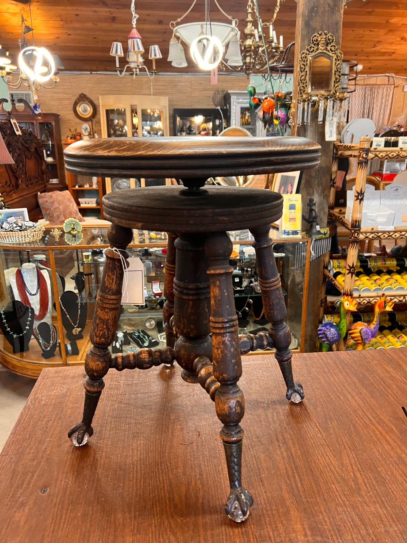 Antique Adjustable Piano/Organ Stool With Claw-and-Glass Feet