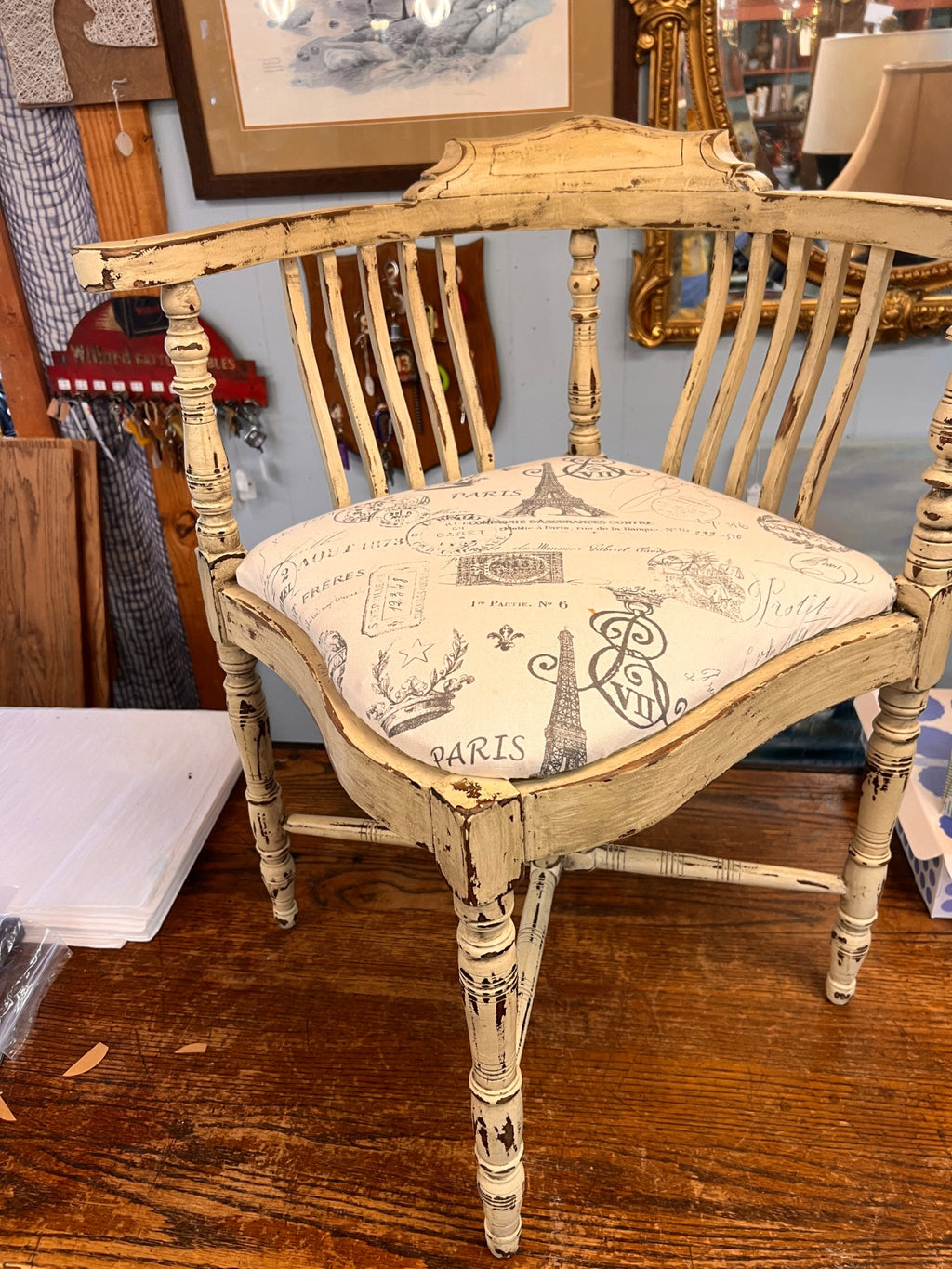 Antique Distressed Corner Chair With Paris Upholstery