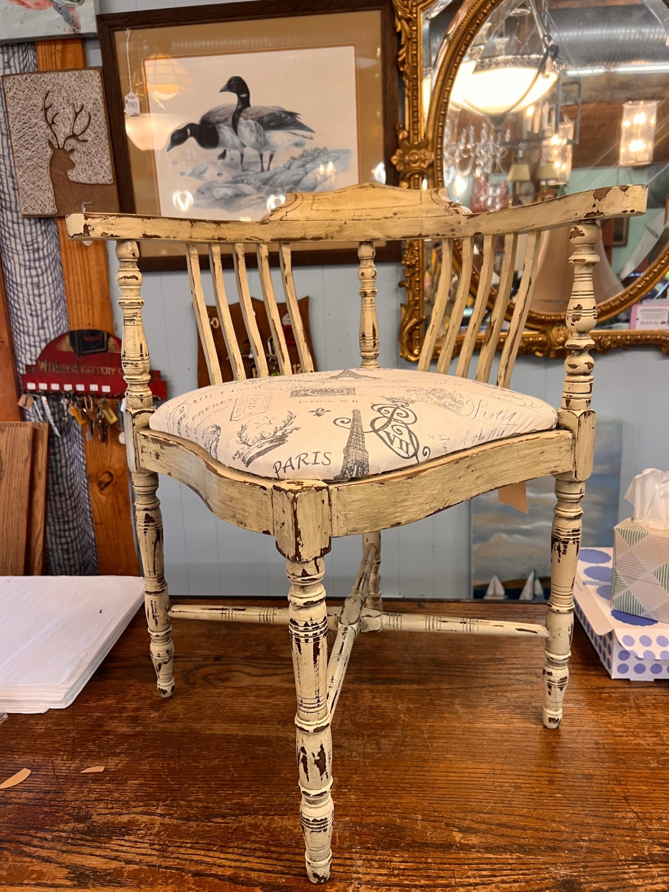 Antique Distressed Corner Chair With Paris Upholstery