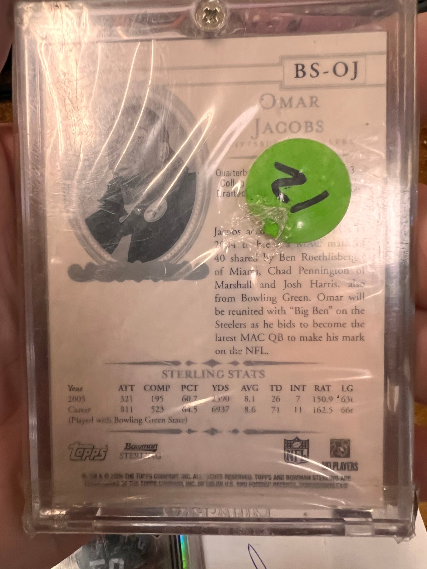 2006 Bowman Sterling Rookie Omar Jacobs – Authentic Player-Worn Jersey Card (Pittsburgh Steelers)