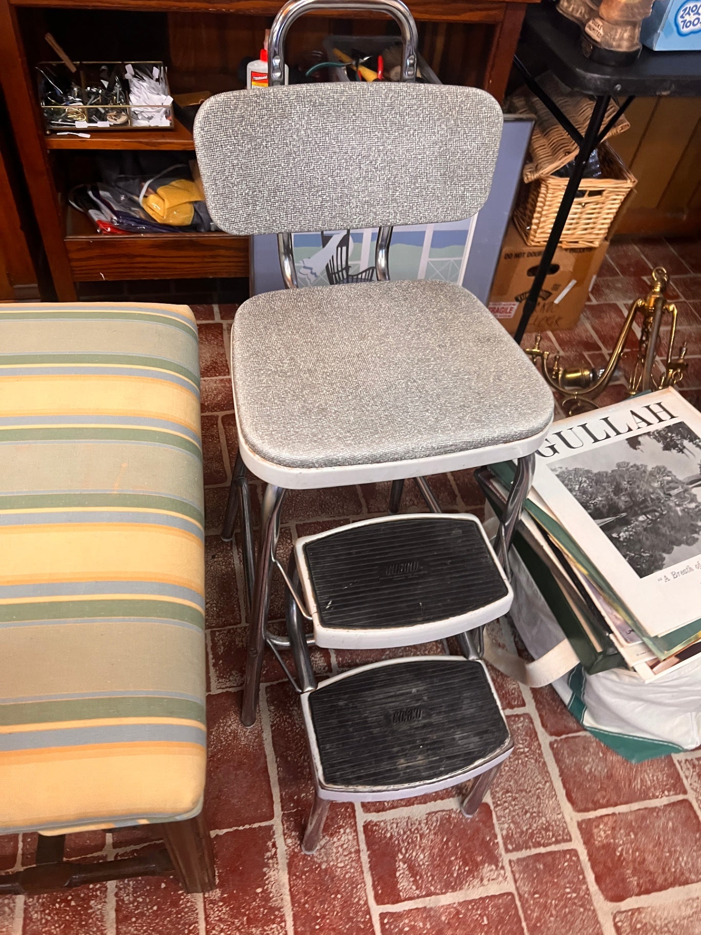 Vintage Cosco Chrome Step Stool Chair – Retro Gray Vinyl Seat & Flip-Up Steps