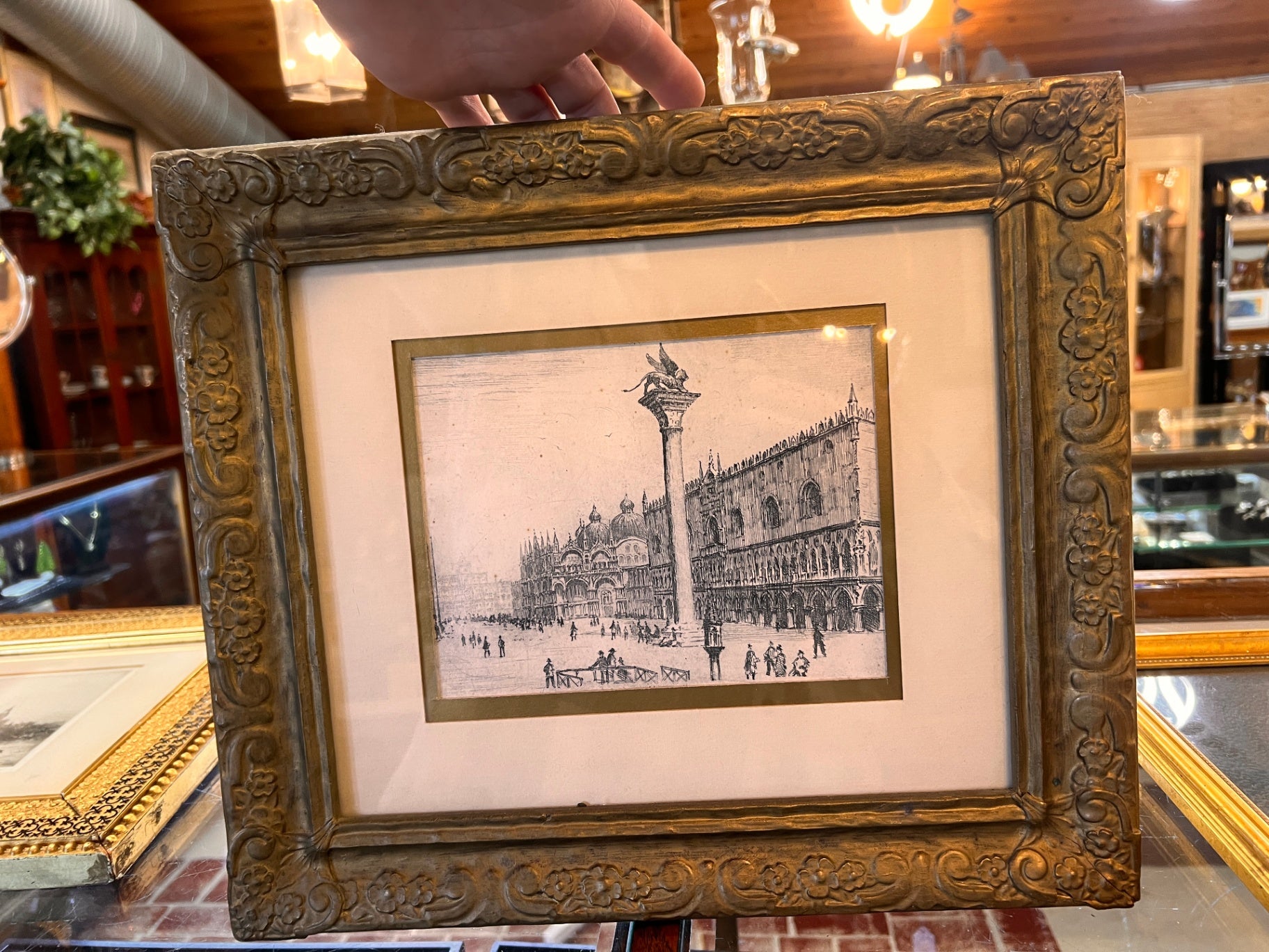 “Piazza San Marco, Venice – Doge’s Palace & Basilica with Lion Column” — Antique Etching