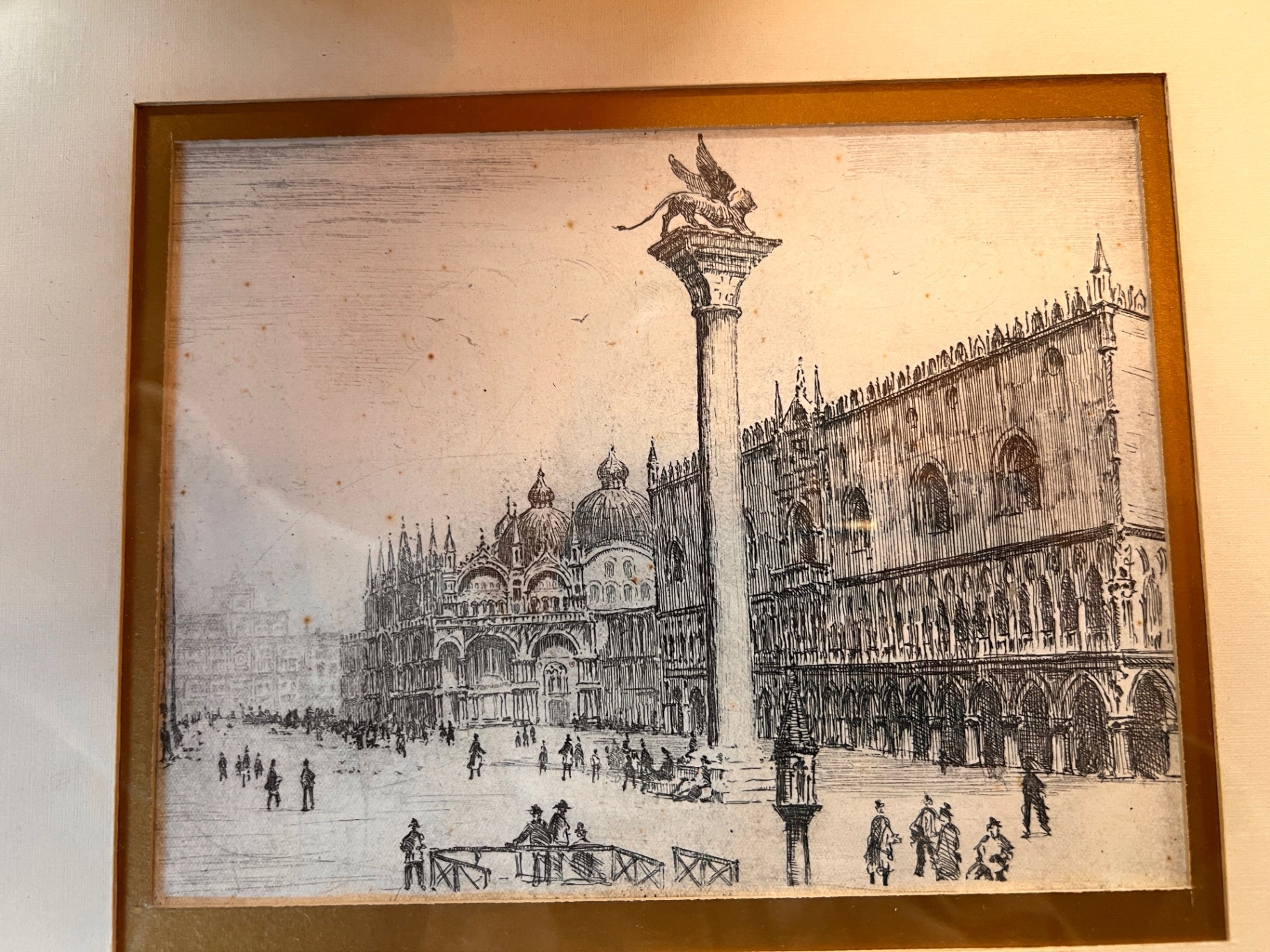 “Piazza San Marco, Venice – Doge’s Palace & Basilica with Lion Column” — Antique Etching