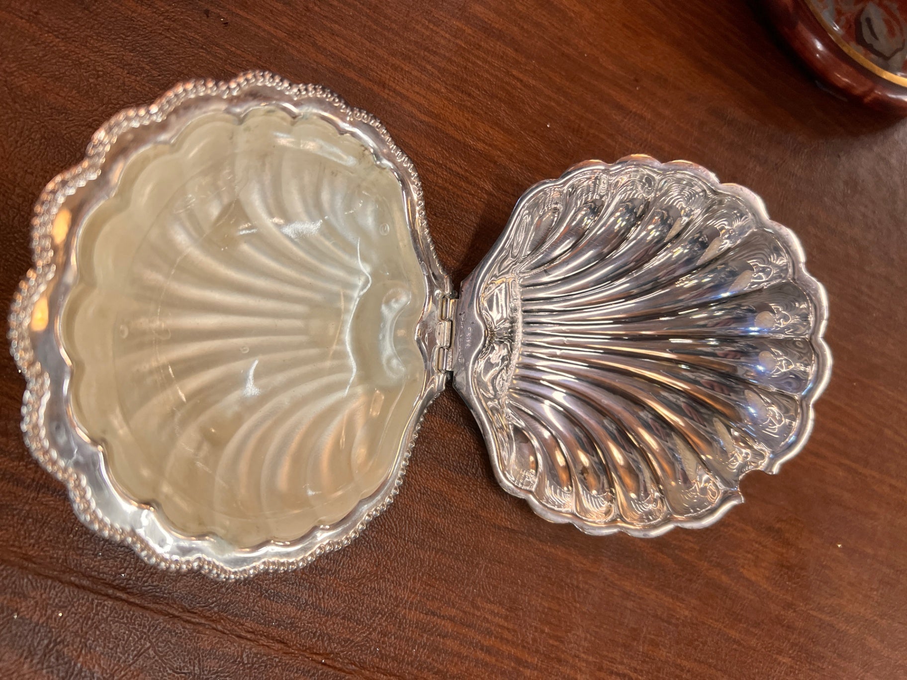 Sterling Silver Plated Hinged Shell Dish – Double Scallop Form Vanity / Serving Piece