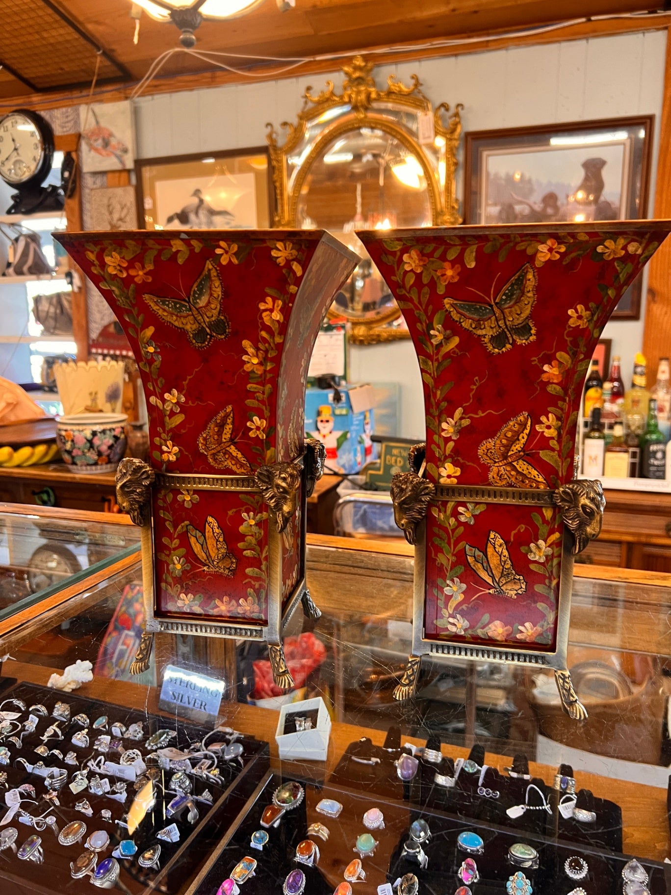 Vintage Red Tole Vase in Brass Rams Head Stand Pictured as Pair and Sold Individually