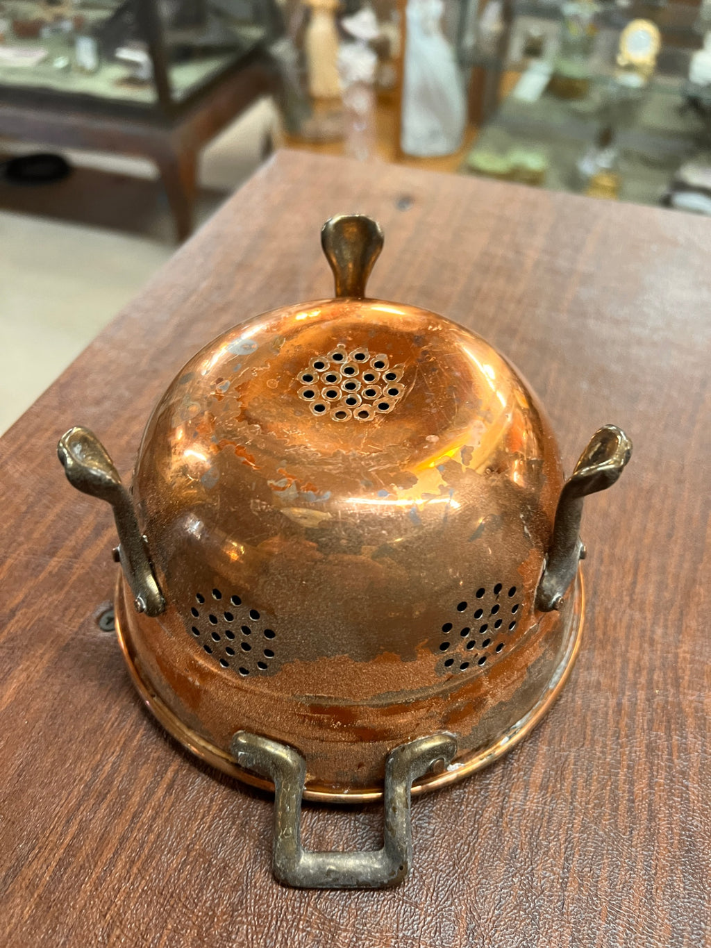 Small Copper Colander Berry Strainer Brass Two Handle Three Footed Vintage Kitchen Storage Patina Rustic Cottage Core Farmhouse Home Decor