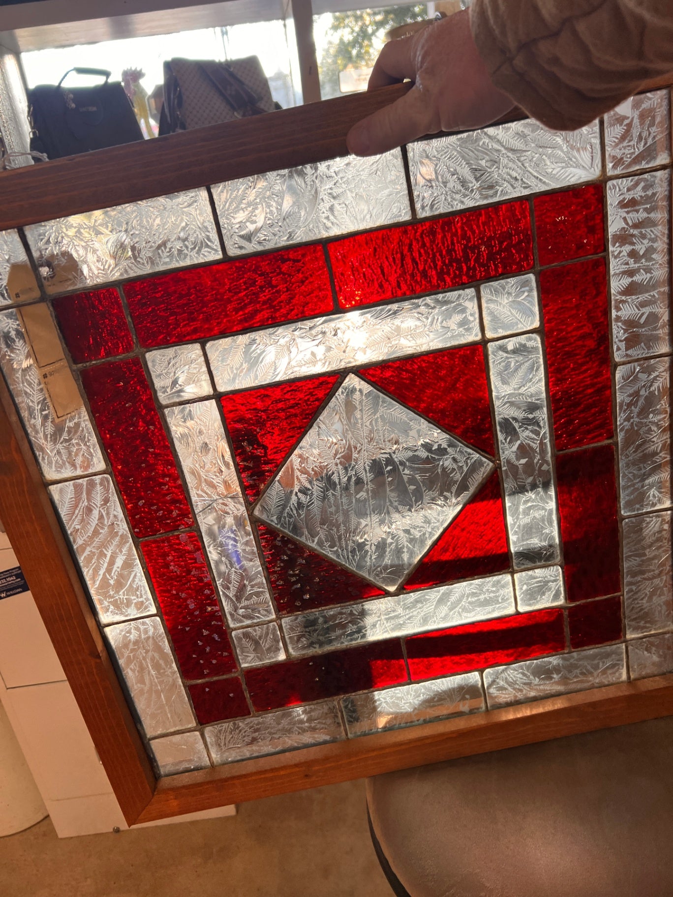 Red and White Stained Glass Panel 22 3/4" x 22 3/4"