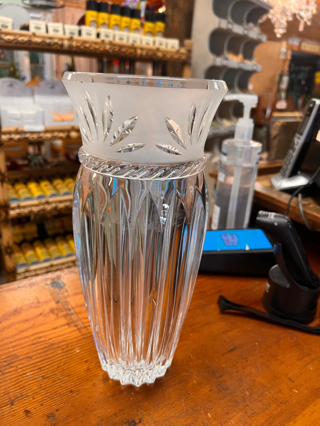 Tall Vintage Lead Crystal Flower Vase 11.75”x5”Carved Etched Fans Sawtooth