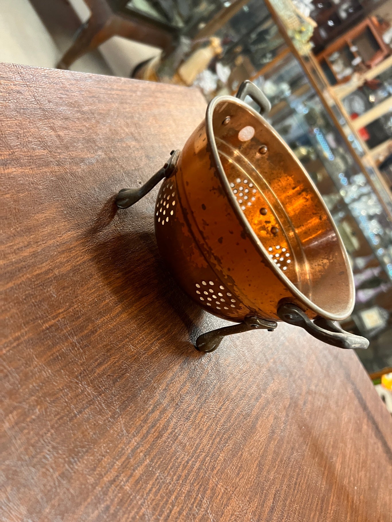 Small Copper Colander Berry Strainer Brass Two Handle Three Footed Vintage Kitchen Storage Patina Rustic Cottage Core Farmhouse Home Decor