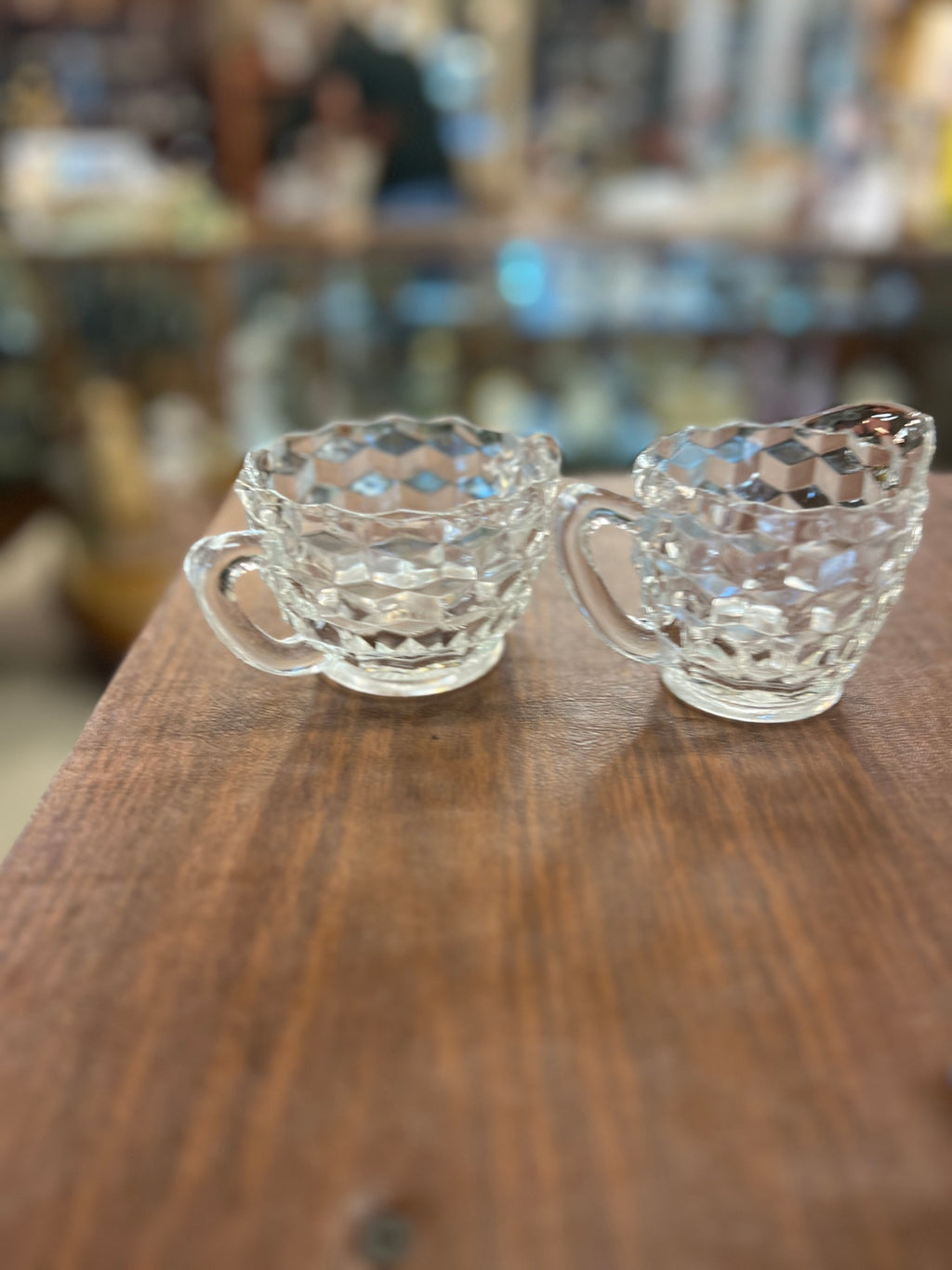 Vtg Depression Clear Glass Creamer And Sugar Cubist