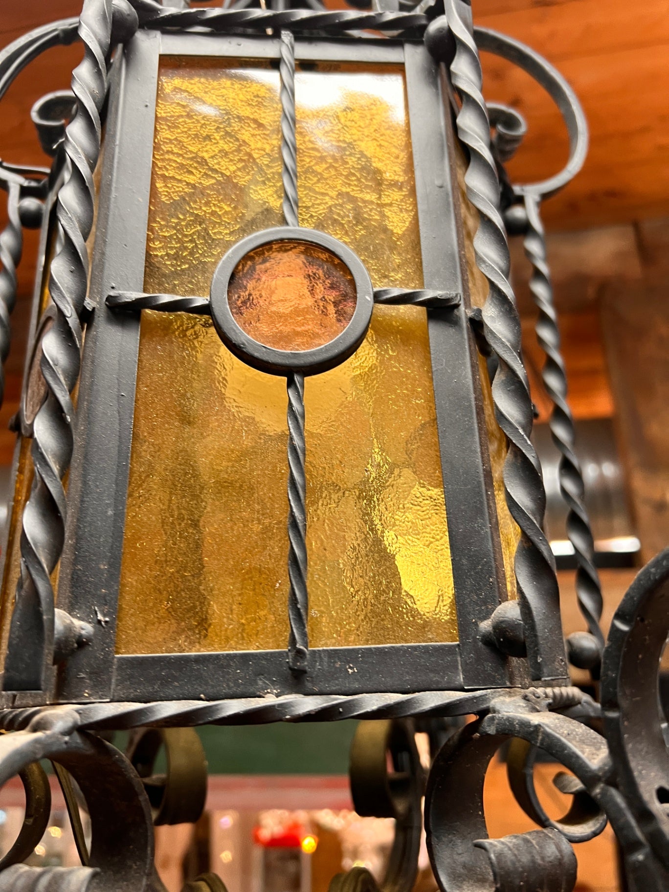 Spanish Revival / Gothic Wrought Iron Lantern Chandelier with Amber Glass Panels