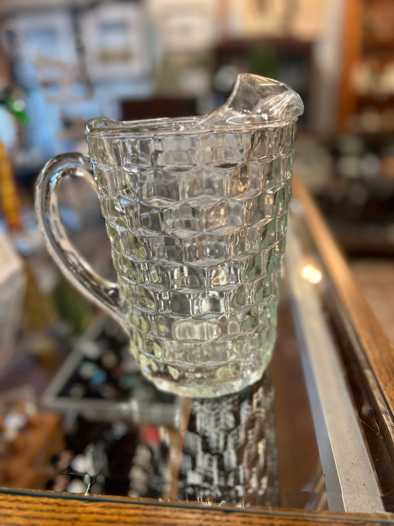 Vintage Fostoria American Leaded Crystal Cube Pattern Pitcher With Ice Lip