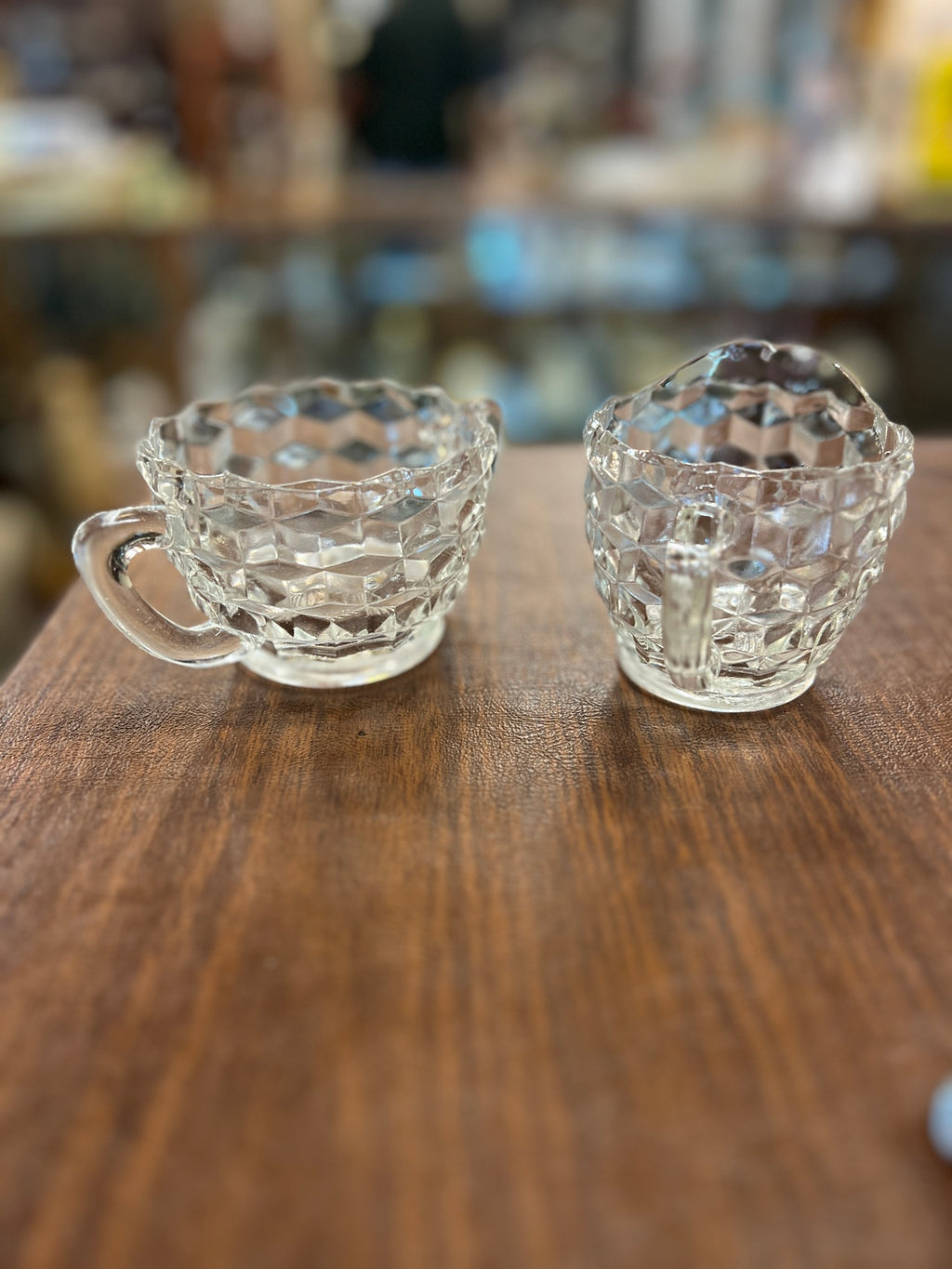 Vtg Depression Clear Glass Creamer And Sugar Cubist
