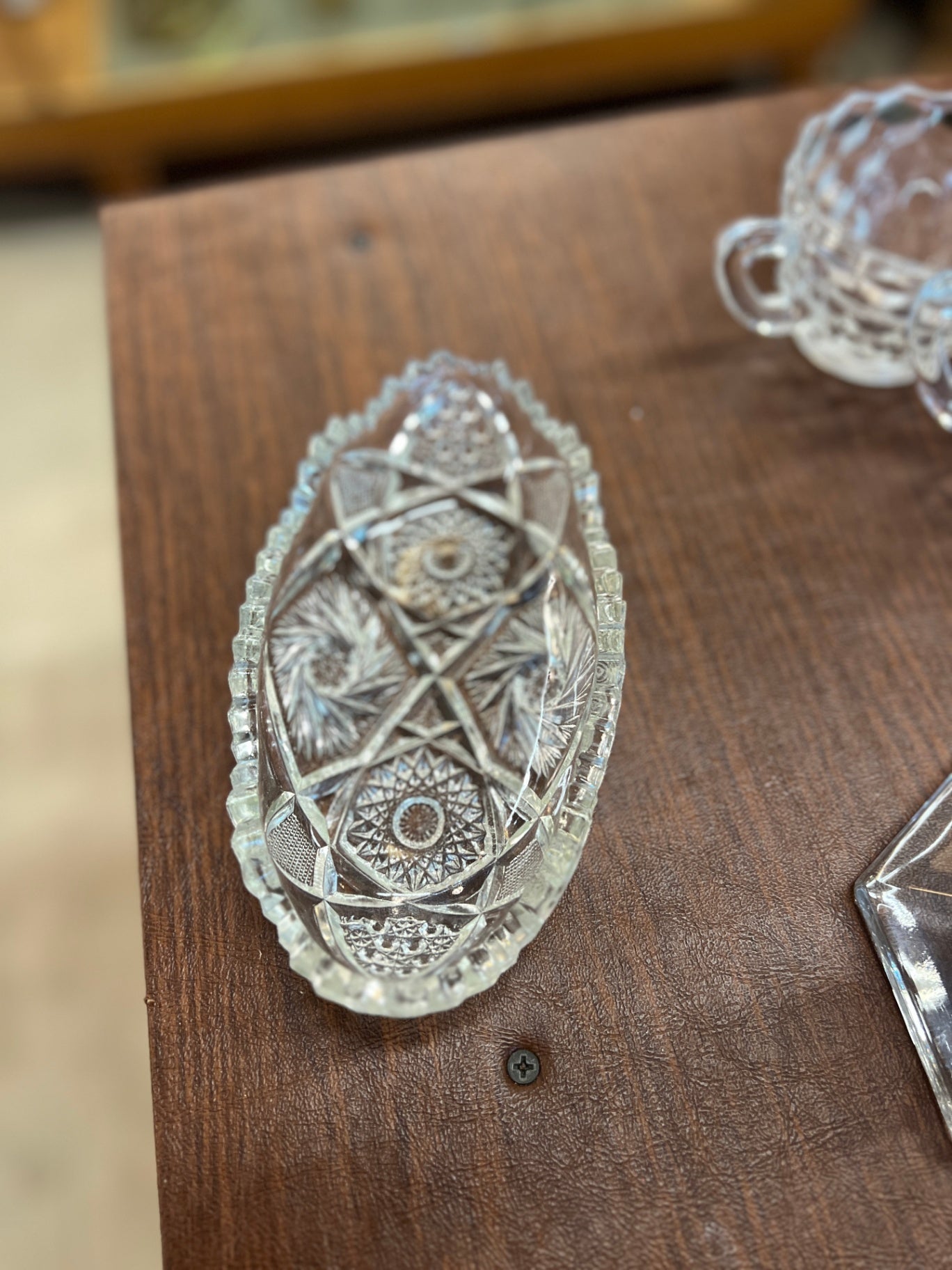 Vtg American Brilliant Pressed Oval Crystal Dish 7.5"