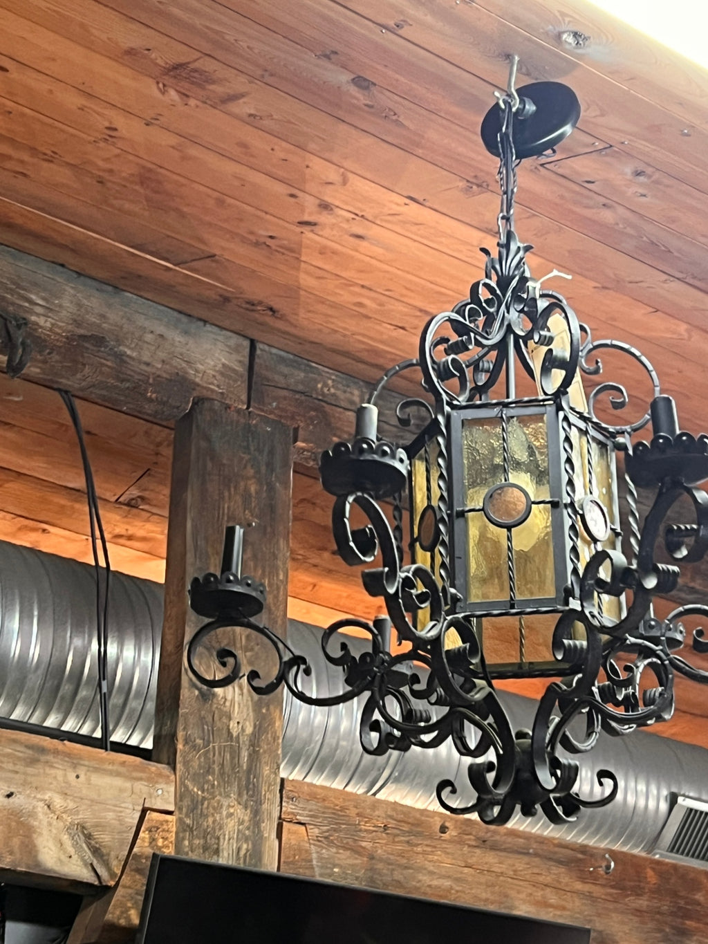 Spanish Revival / Gothic Wrought Iron Lantern Chandelier with Amber Glass Panels