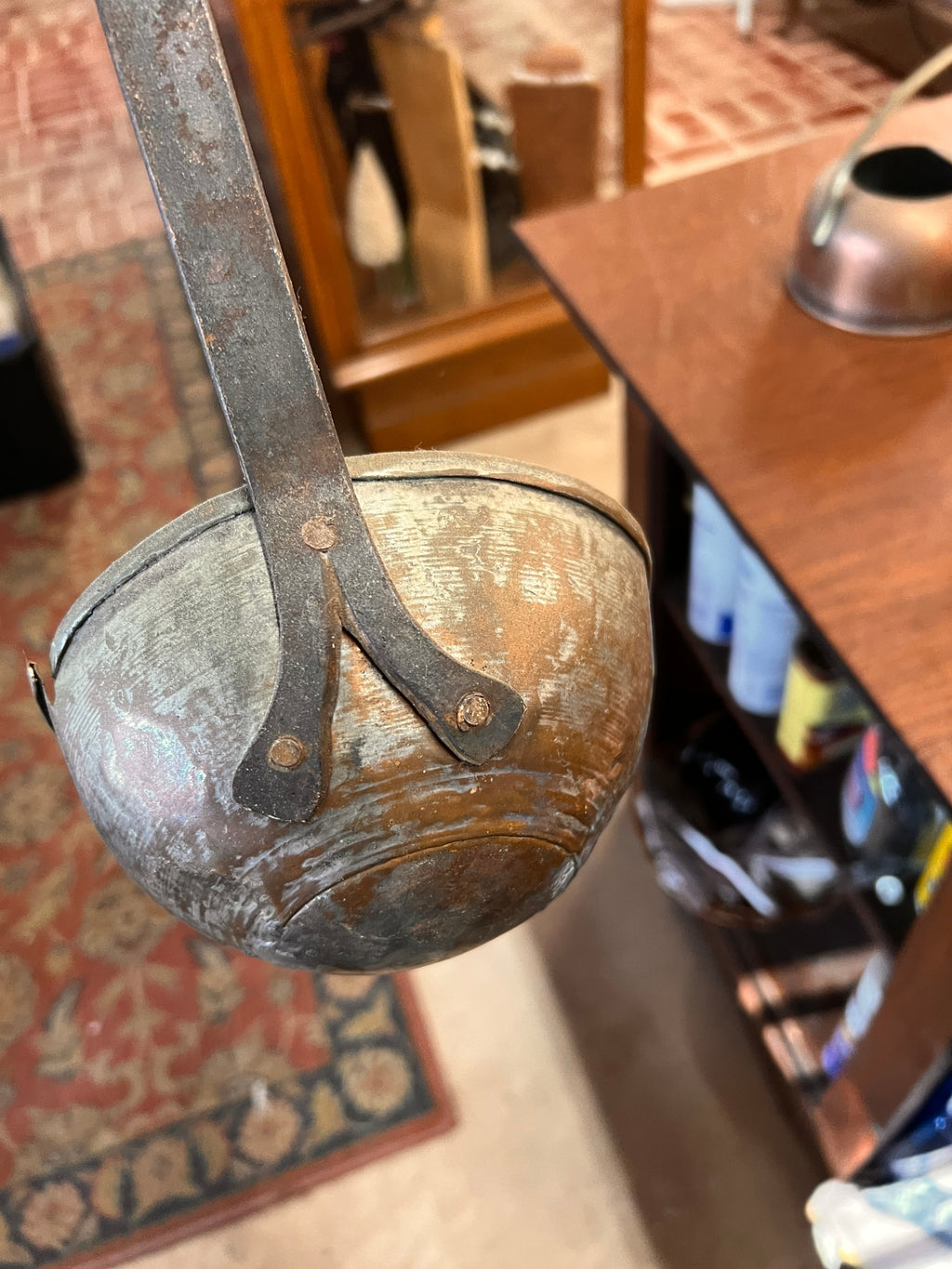 Vintage Copper-on-Tin Ladle with Iron Handle Very Rustic and Weathered 18″