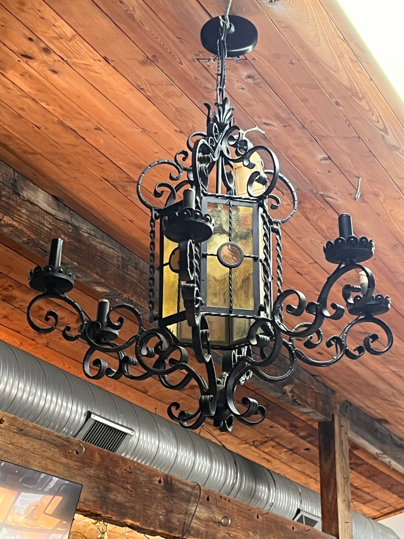 Spanish Revival / Gothic Wrought Iron Lantern Chandelier with Amber Glass Panels