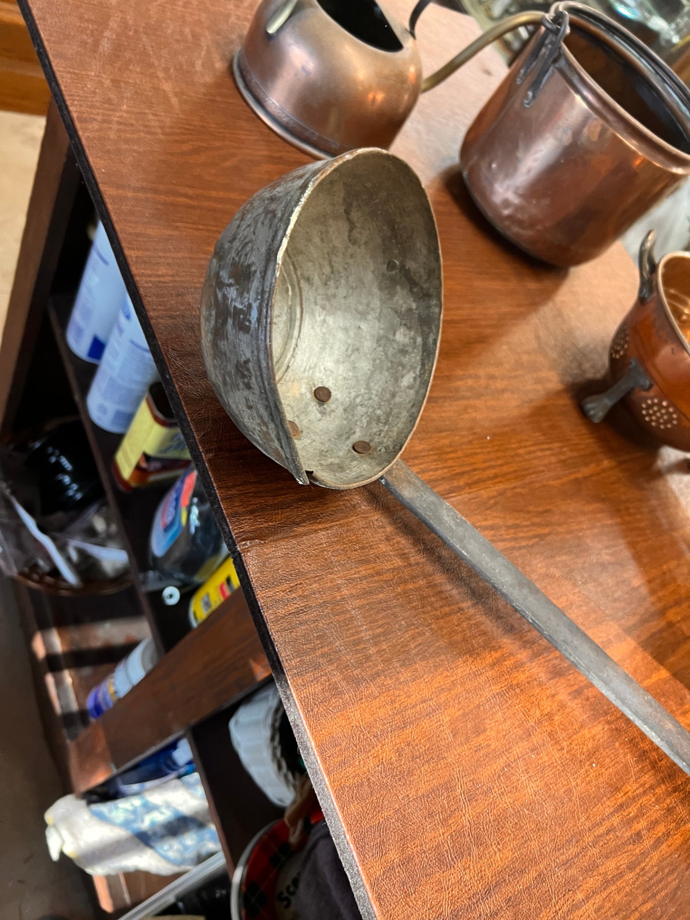 Vintage Copper-on-Tin Ladle with Iron Handle Very Rustic and Weathered 18″