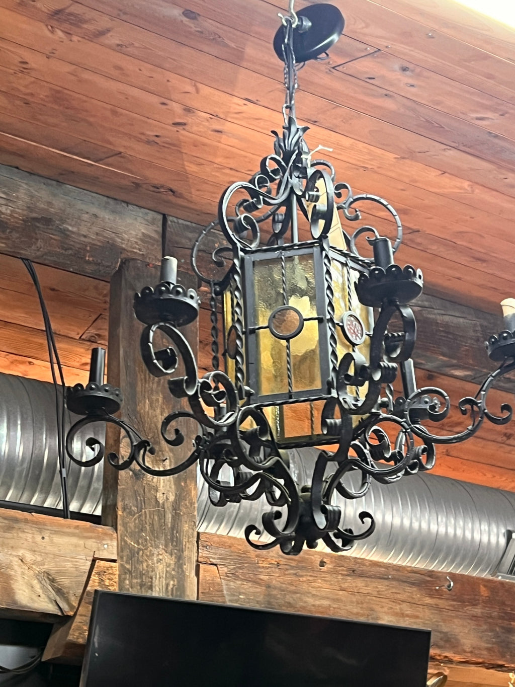 Spanish Revival / Gothic Wrought Iron Lantern Chandelier with Amber Glass Panels