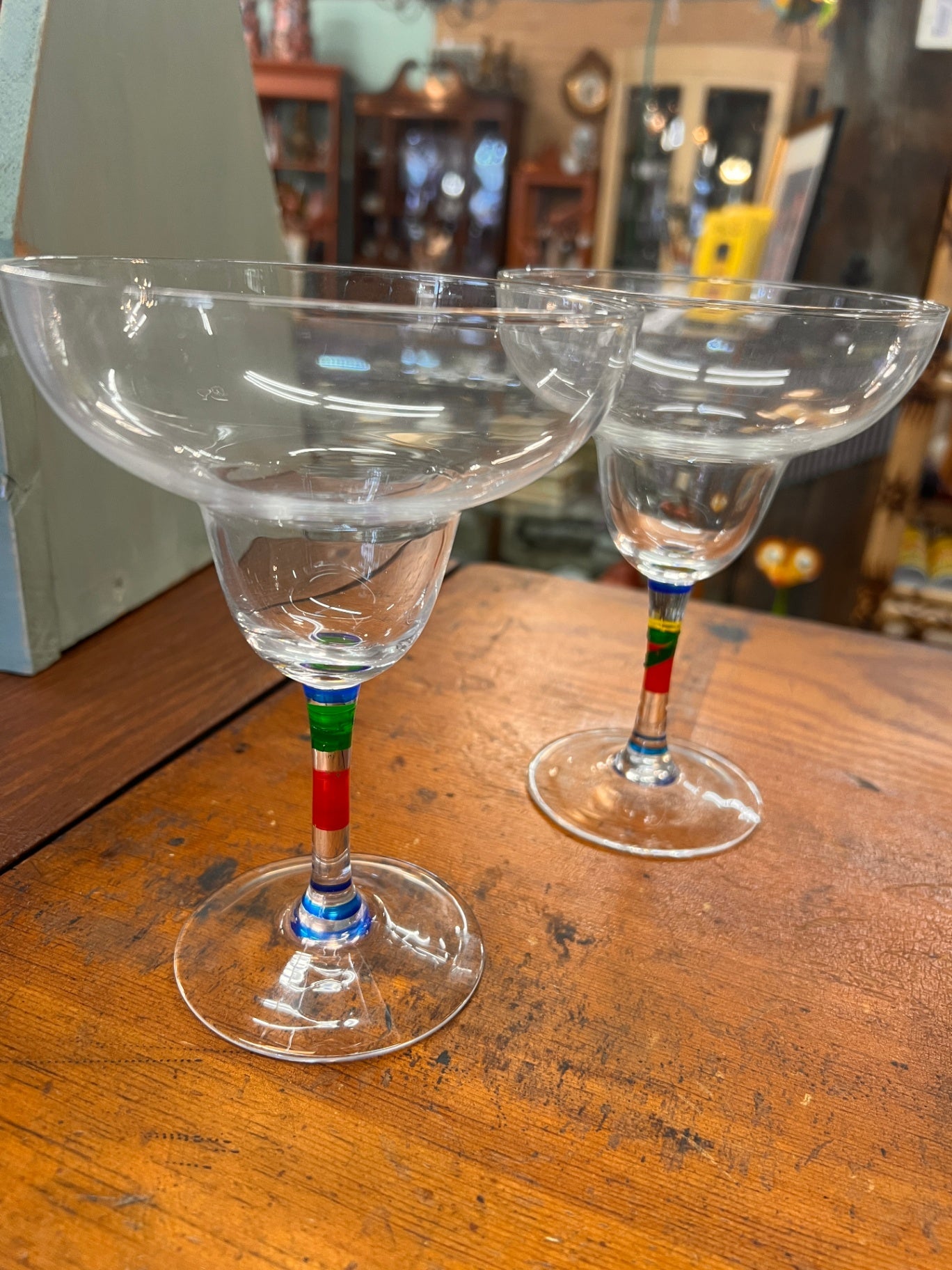 MARGARITA GLASSES Multicolor Painted Rainbow Stems Set Of 2, 7 1/4 high, 5" wide
