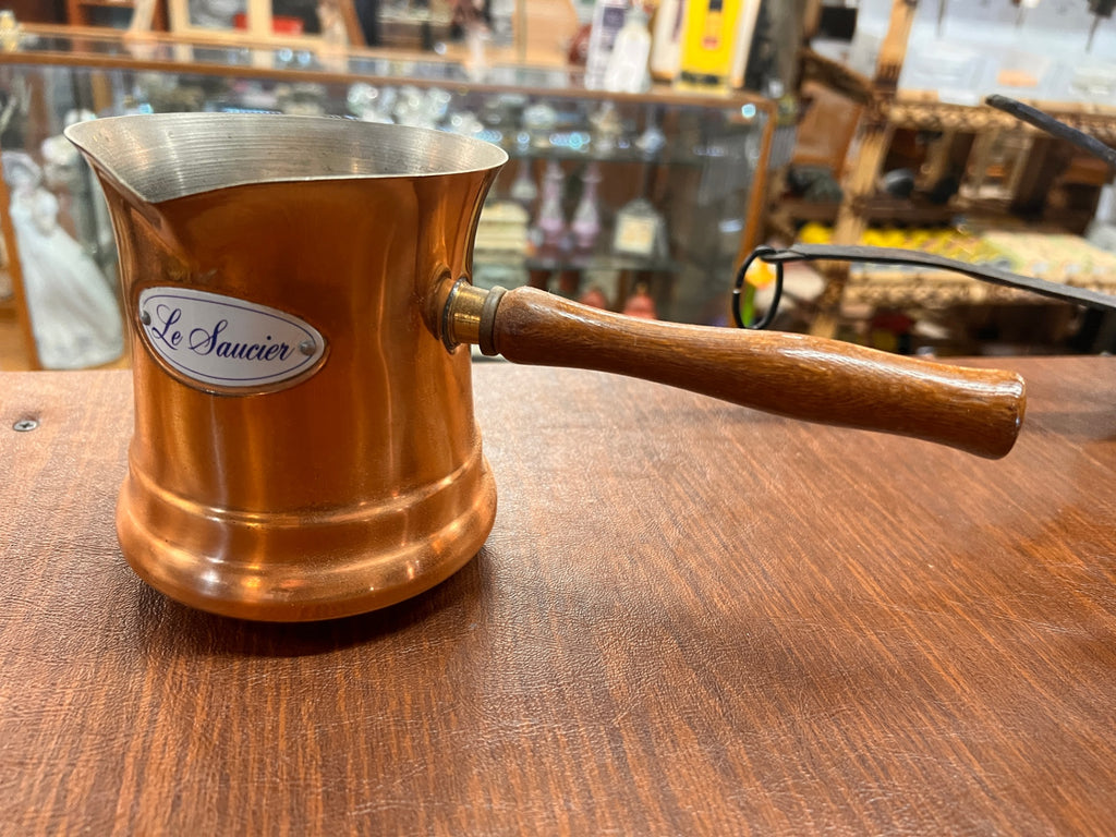 Vintage Copper Le Saucier Wood Handled Pot by Teleflora Made in Portugal 1984