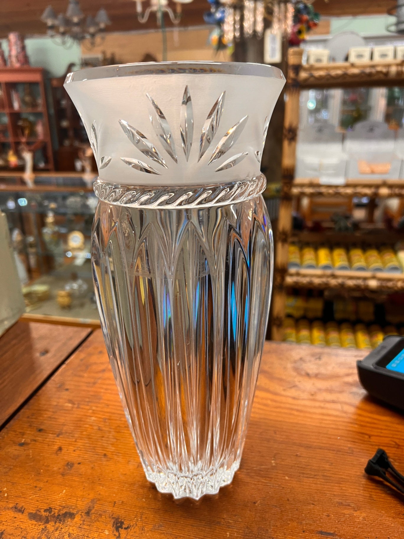 Tall Vintage Lead Crystal Flower Vase 11.75”x5”Carved Etched Fans Sawtooth
