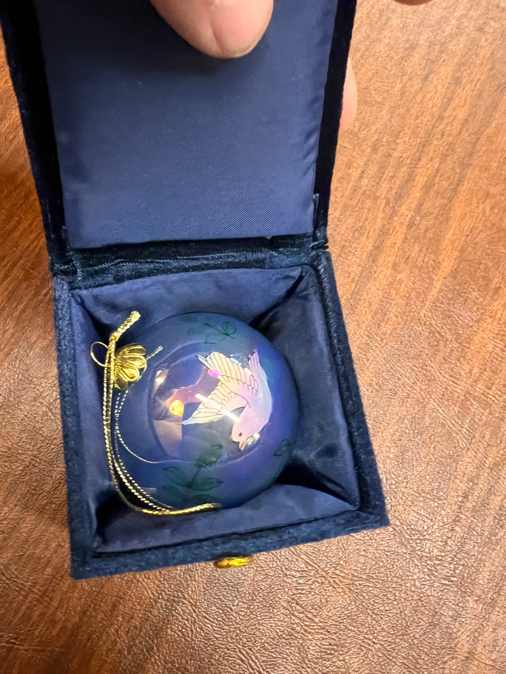 Dove Peace Blue Glass Ball Christmas Ornament in Velvet Box