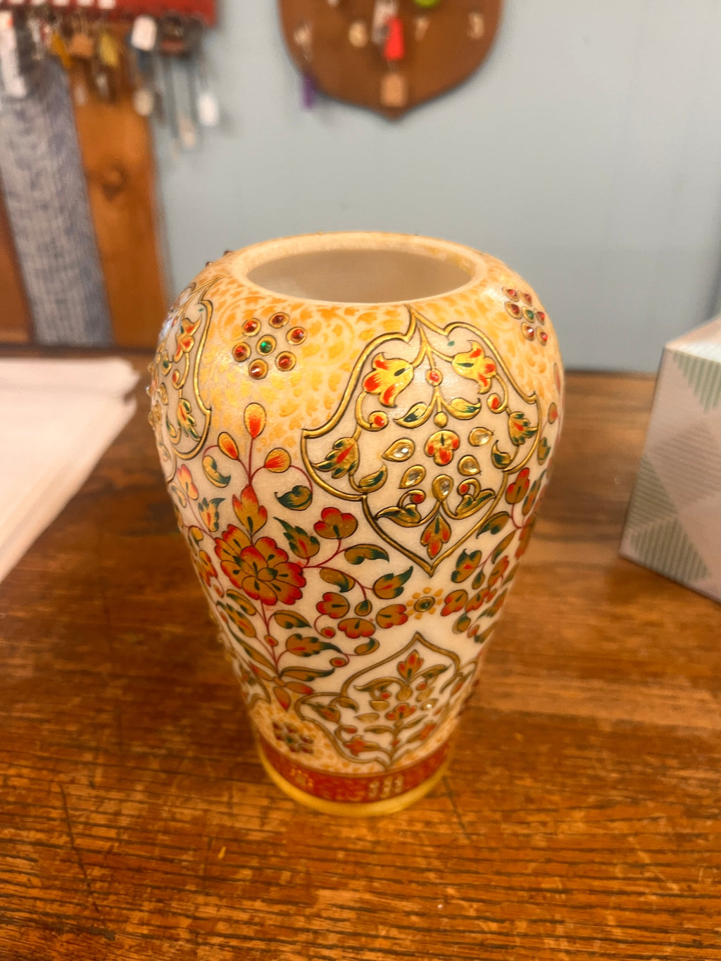 12" Marble Stone Flower Vase Emboss Hand Carved Pot Handicraft Meenakari Painted