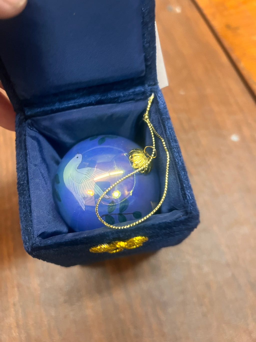 Dove Peace Blue Glass Ball Christmas Ornament in Velvet Box