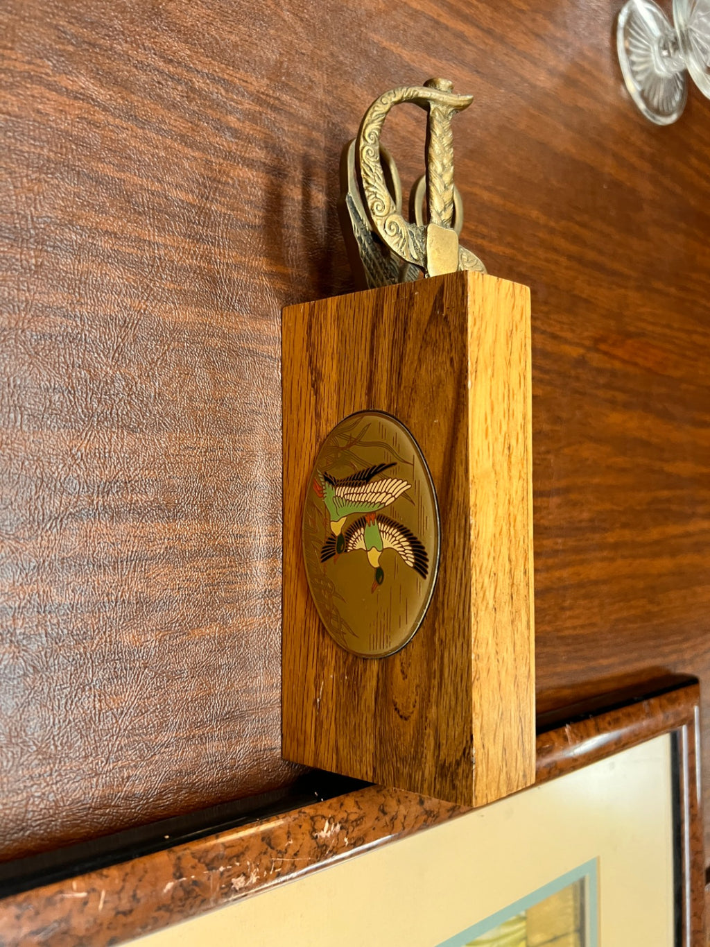 Vintage Enesco 1985 Duck Motif Letter Opener & Scissors Desk Set – Wood Block Office Décor
