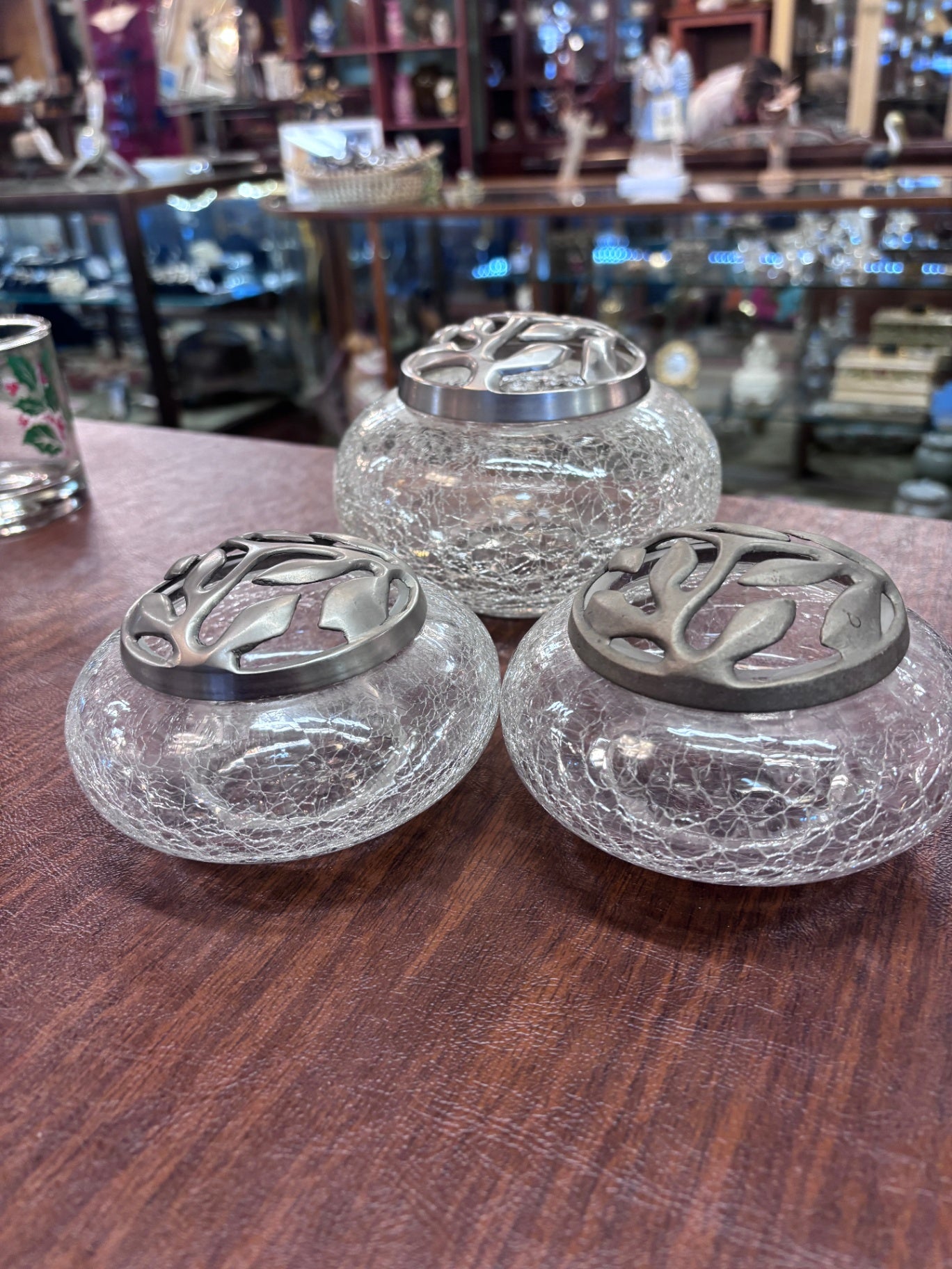 Set of 3 vintage clear crackle glass potpourri bowls