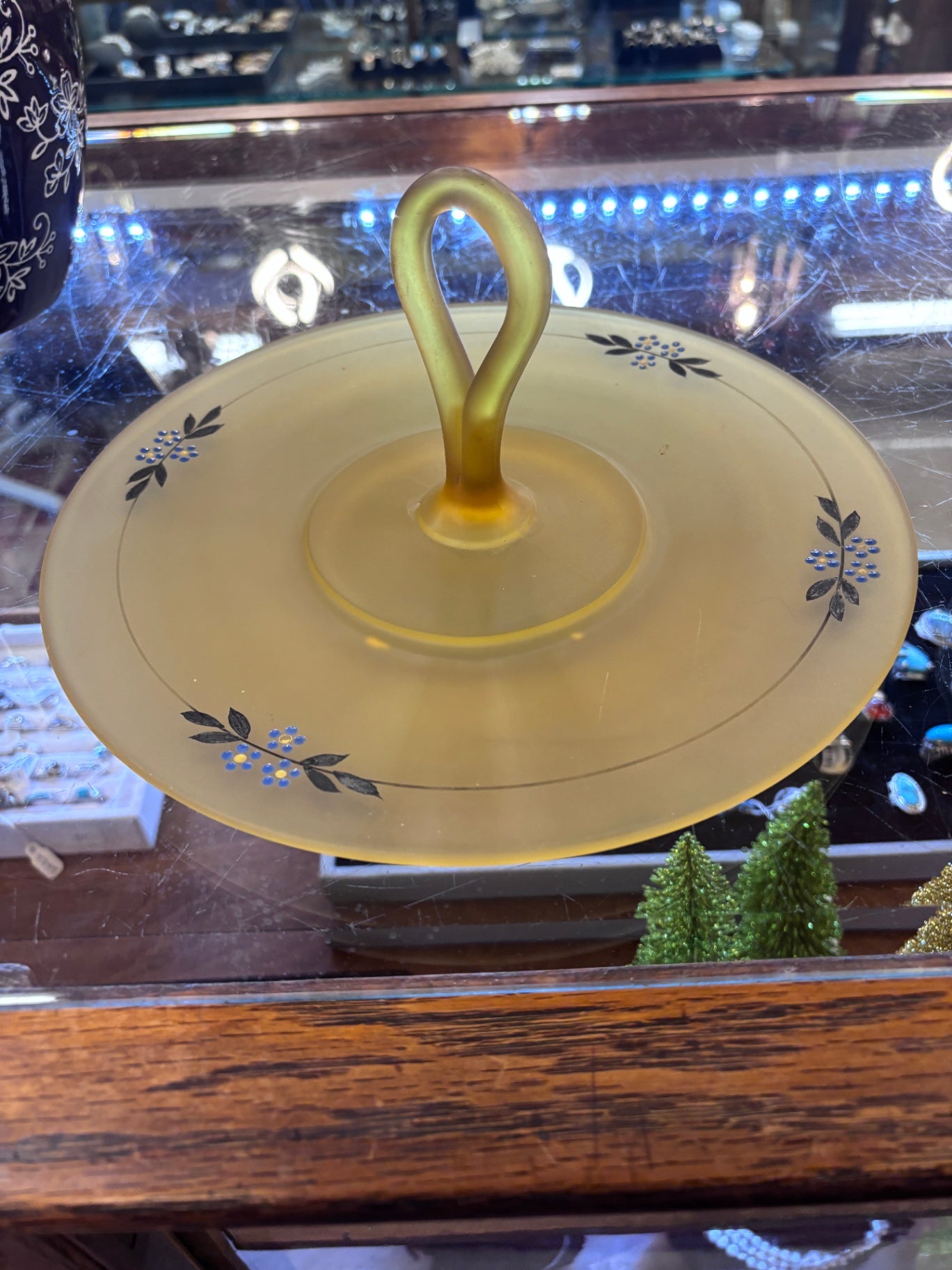 Amber Satin Glass Center Handled Snack Server