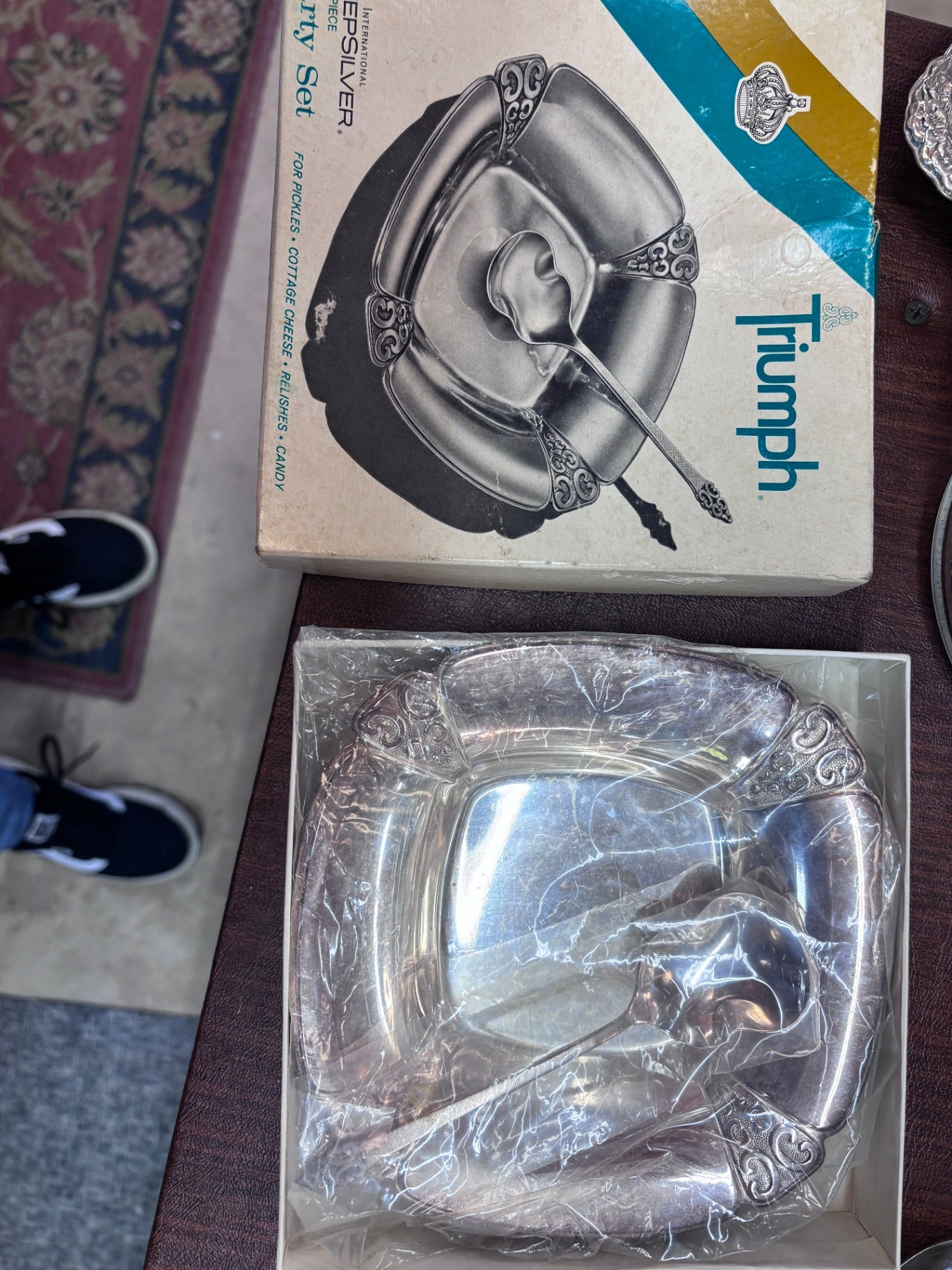 Triumph International Deep Silver two-piece party set, including a dish and a spoon. 