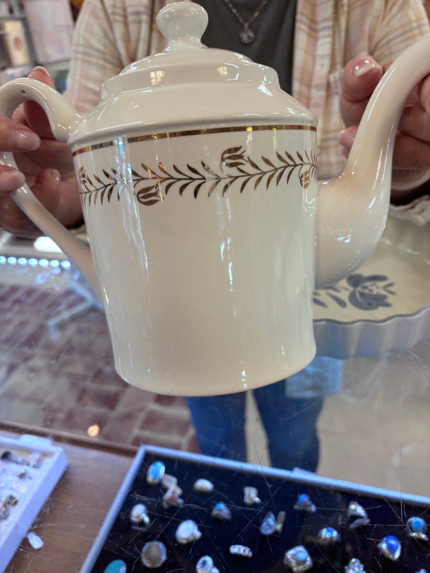 Martha Stewart Everyday (MSE) porcelain teapot in the "Golden Wreath" pattern. 