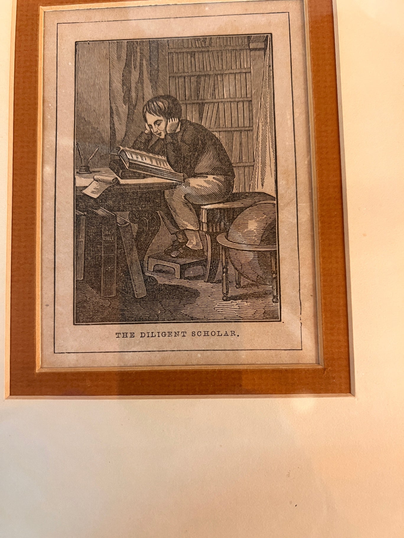 “The Diligent Scholar” – 19th-Century Wood Engraving, Framed