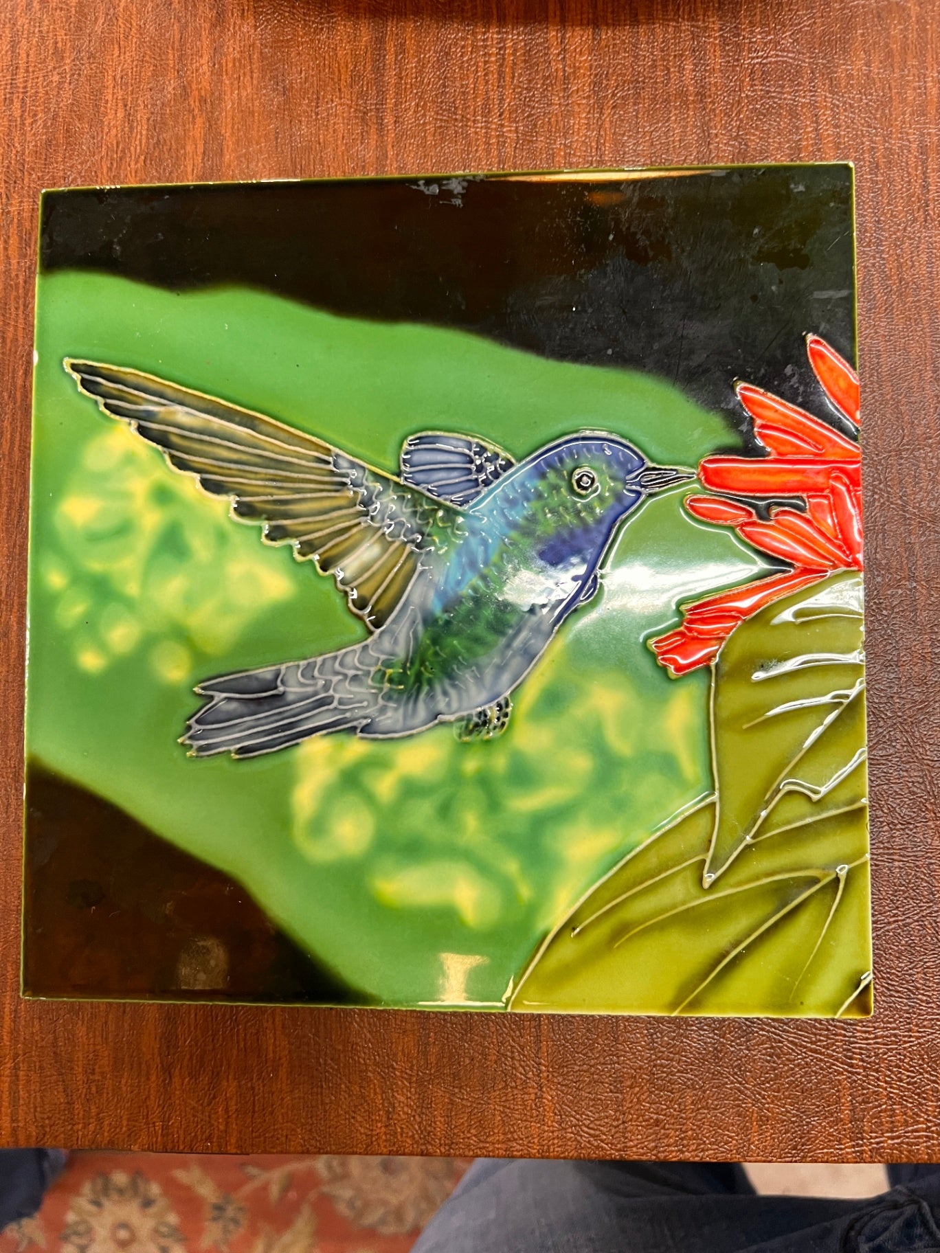 Hummingbird hand painted ceramic art tile 8x8 inches