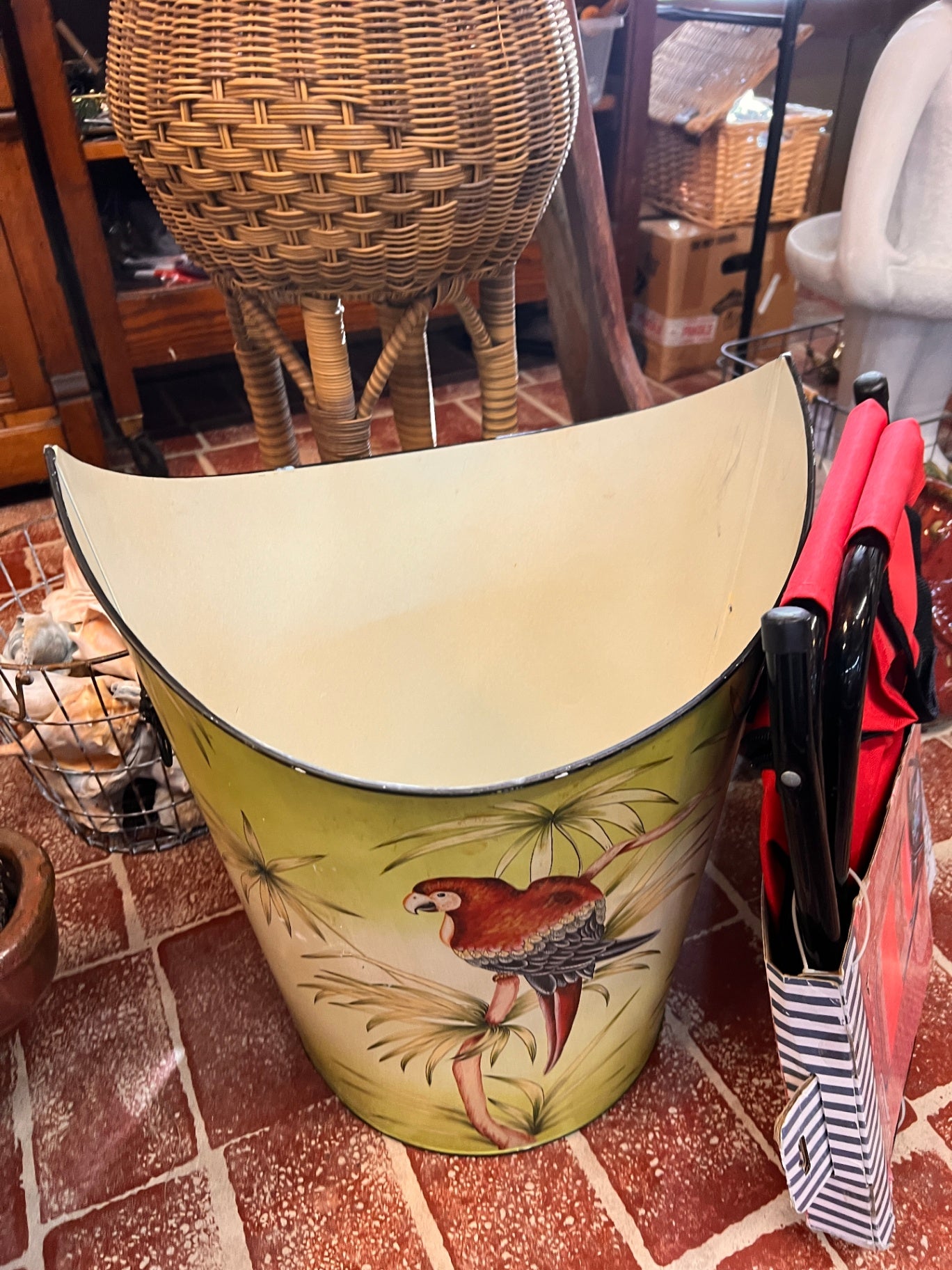 Vintage Hand Painted Trash Bin, Trash Can with Painted Maccaw