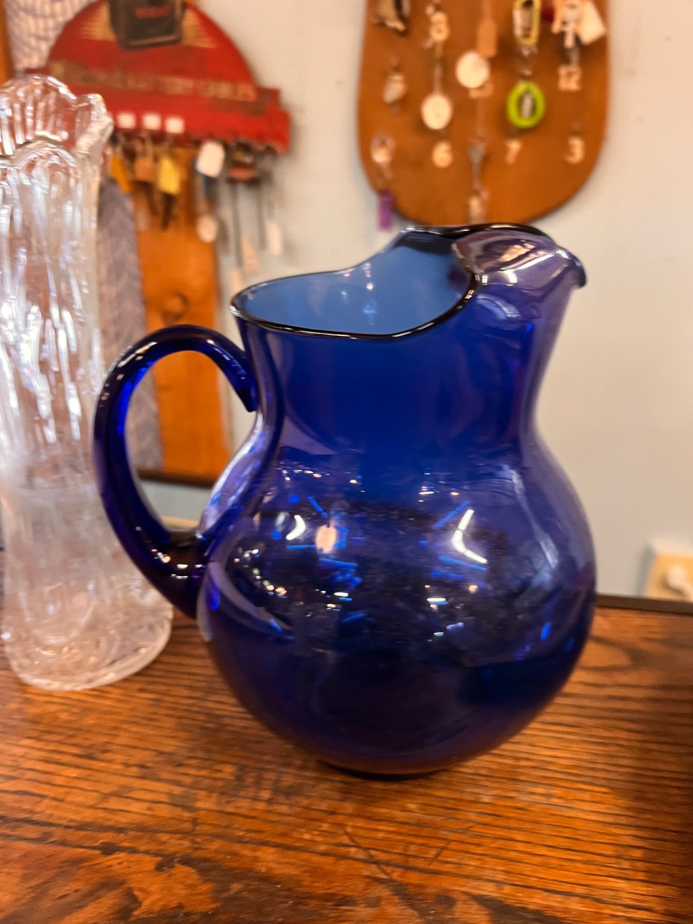 Cobalt Blue, Handblown Glass Pitcher, Turned-back Corners, 9.5" tall, Vintage