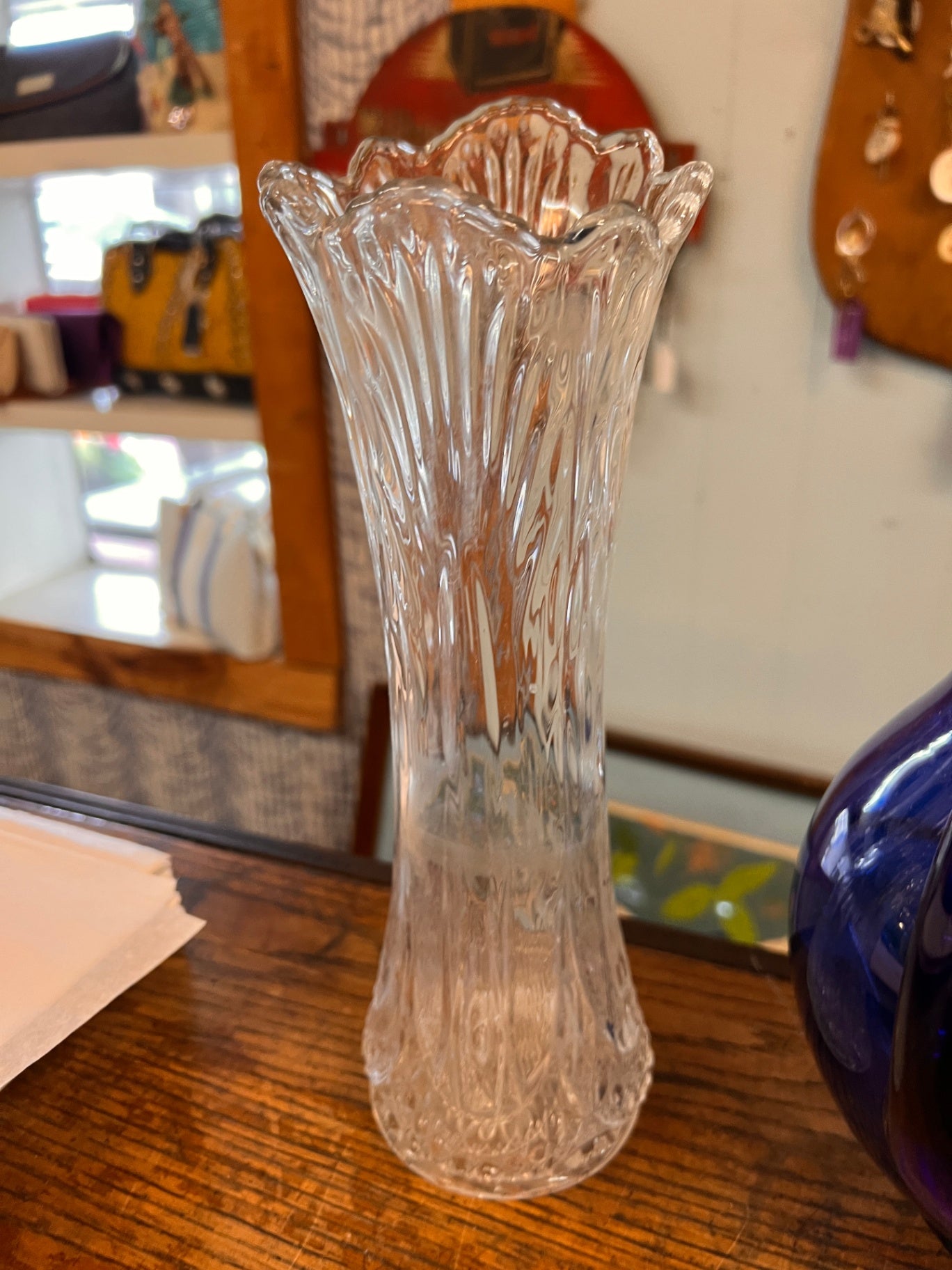 United States Glass Company 8 Finger Swung Style Panneled Clear Glass vase